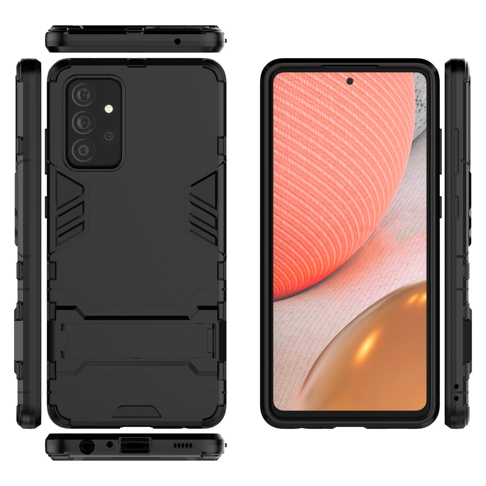 Dos fundas negras para teléfono con un teléfono con borde negro y pantalla.