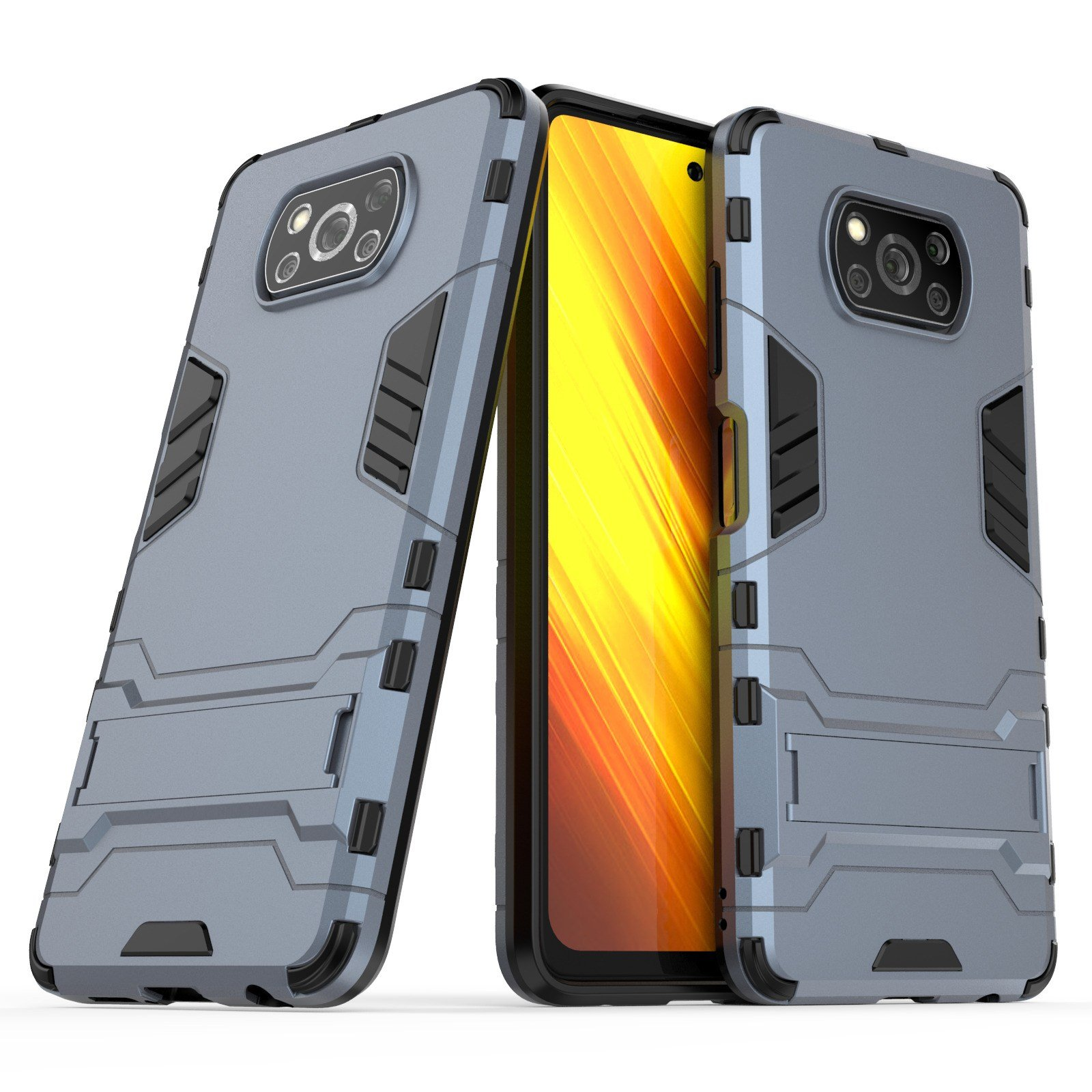 Tres fundas grises para teléfono con detalles negros. Una abierta, teléfono visible, dos juntas, en blanco.
