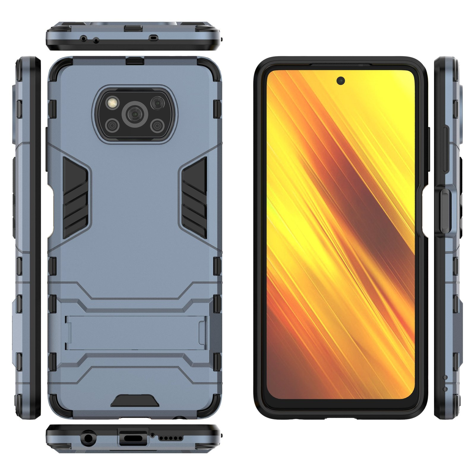 Fundas de teléfono grises con un teléfono dentro. Detalles negros. Fondo blanco.