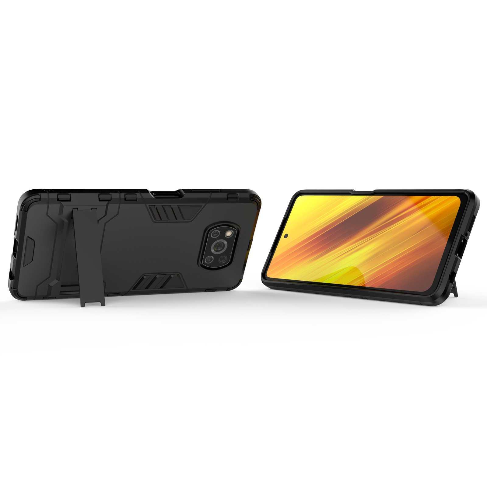 Funda de teléfono negra con soporte. Otro teléfono con pantalla amarilla. Fondo blanco.