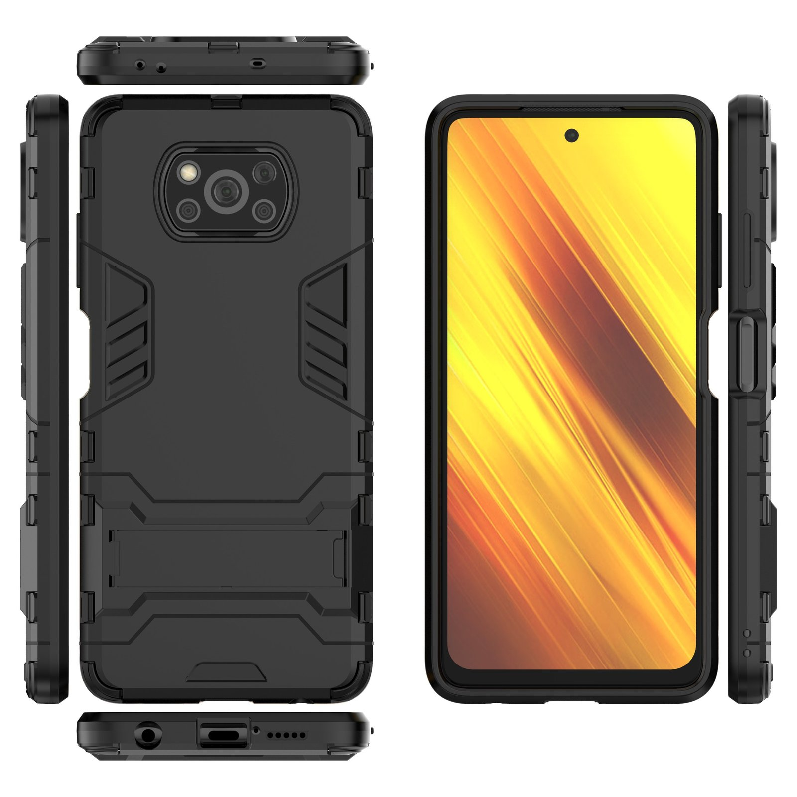 Múltiples vistas de una funda negra para teléfono con detalles negros. Fondo blanco.