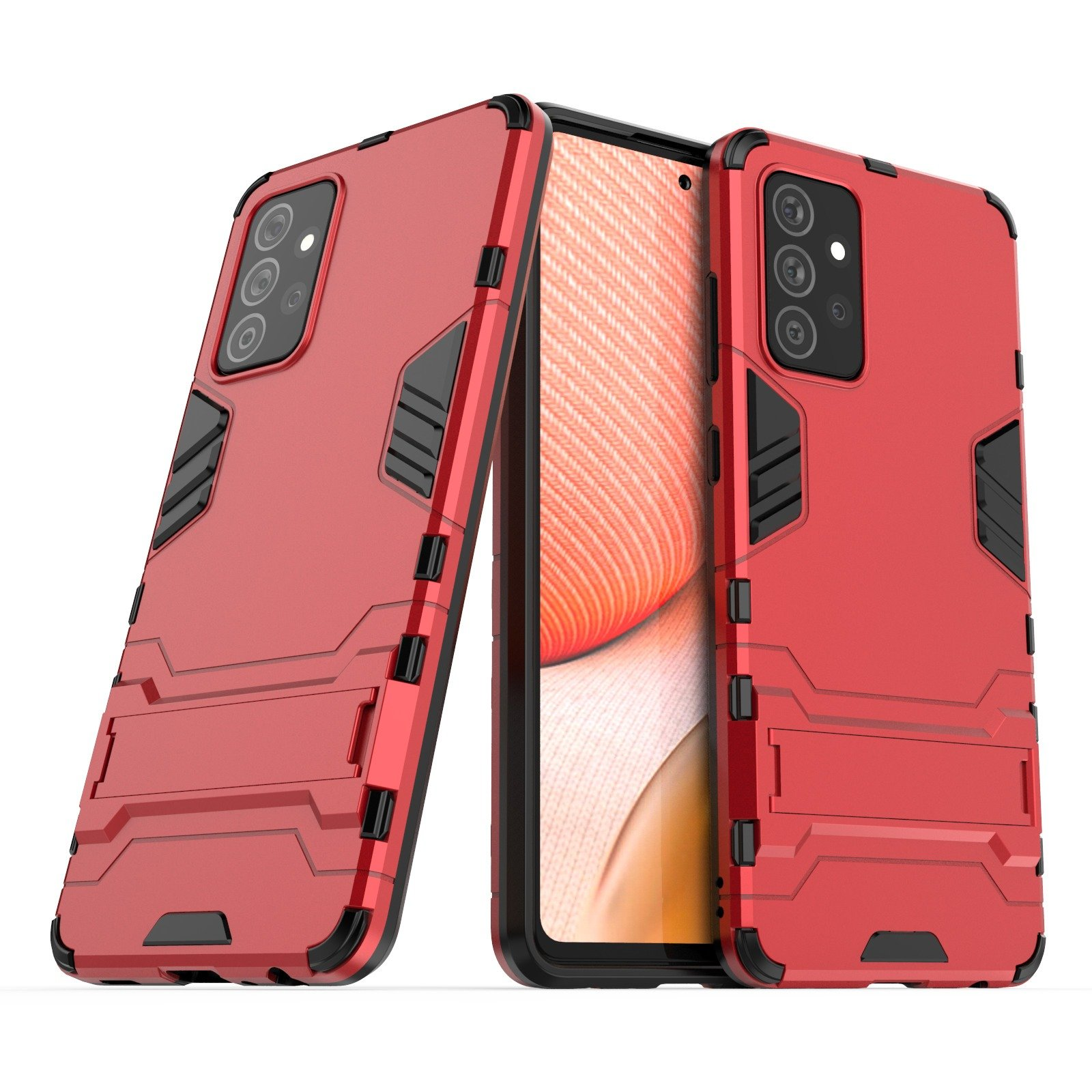 Dos fundas rojas para teléfono con teléfonos. Detalles negros y rojos. Fondo blanco.