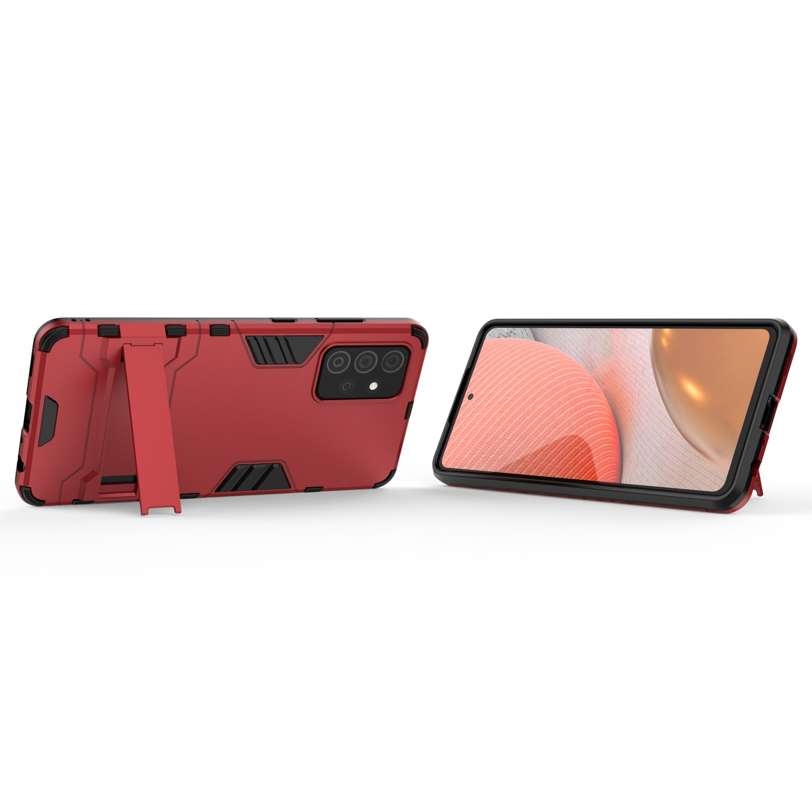 Funda roja para teléfono con soporte. Teléfono en la funda y otro atrás.