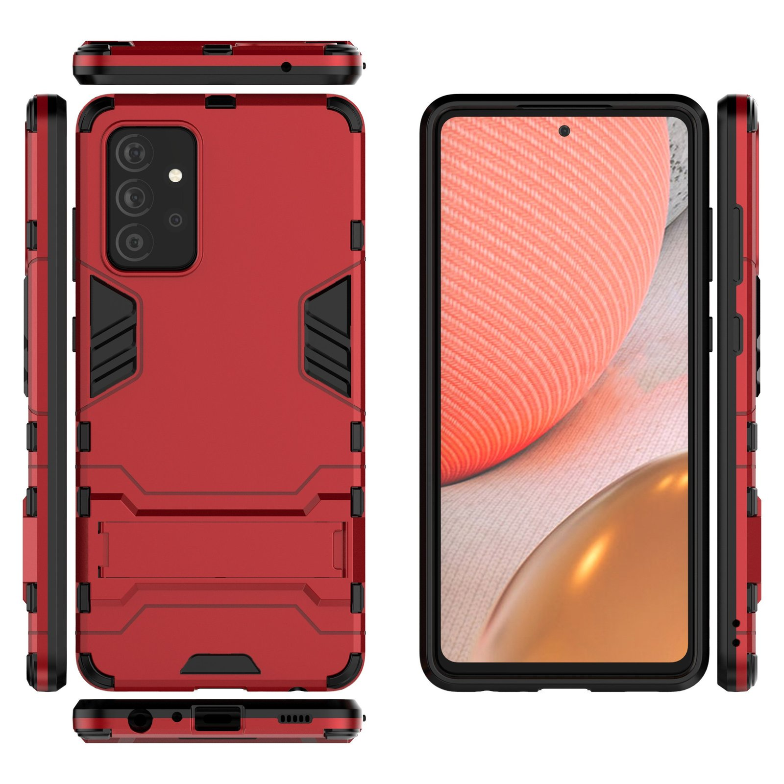 Múltiples vistas de una funda de teléfono roja con soporte y teléfono dentro.