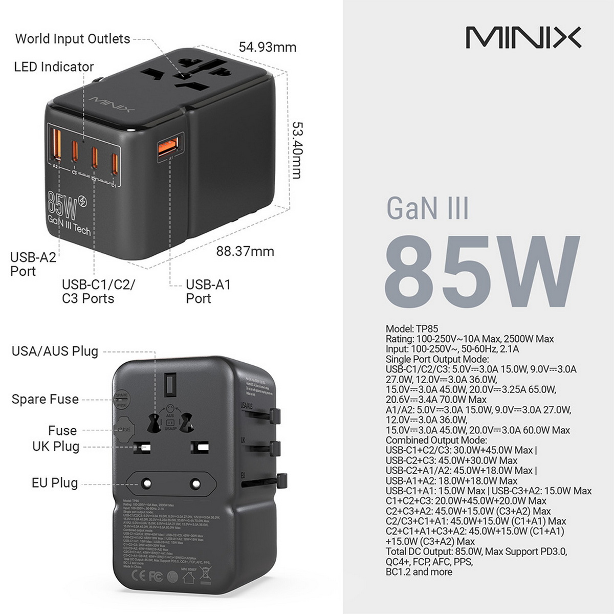 Ein schwarzer Netzadapter mit mehreren Anschlüssen und beschrifteten Spezifikationen. Es ist ein Produkt der Marke MINIX.