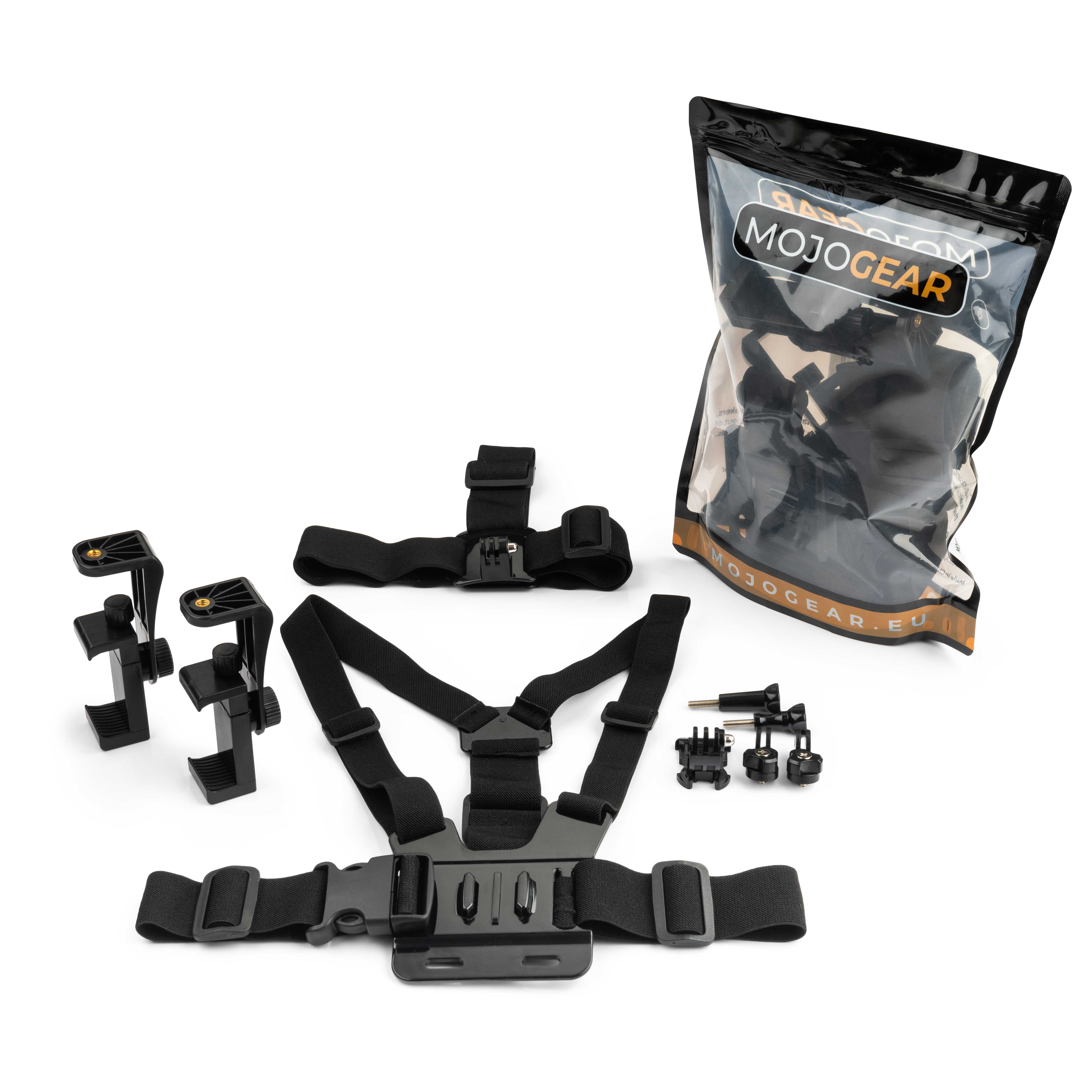 Zwarte borstriem, diverse mounts en een tas met GoPro-accessoires.
