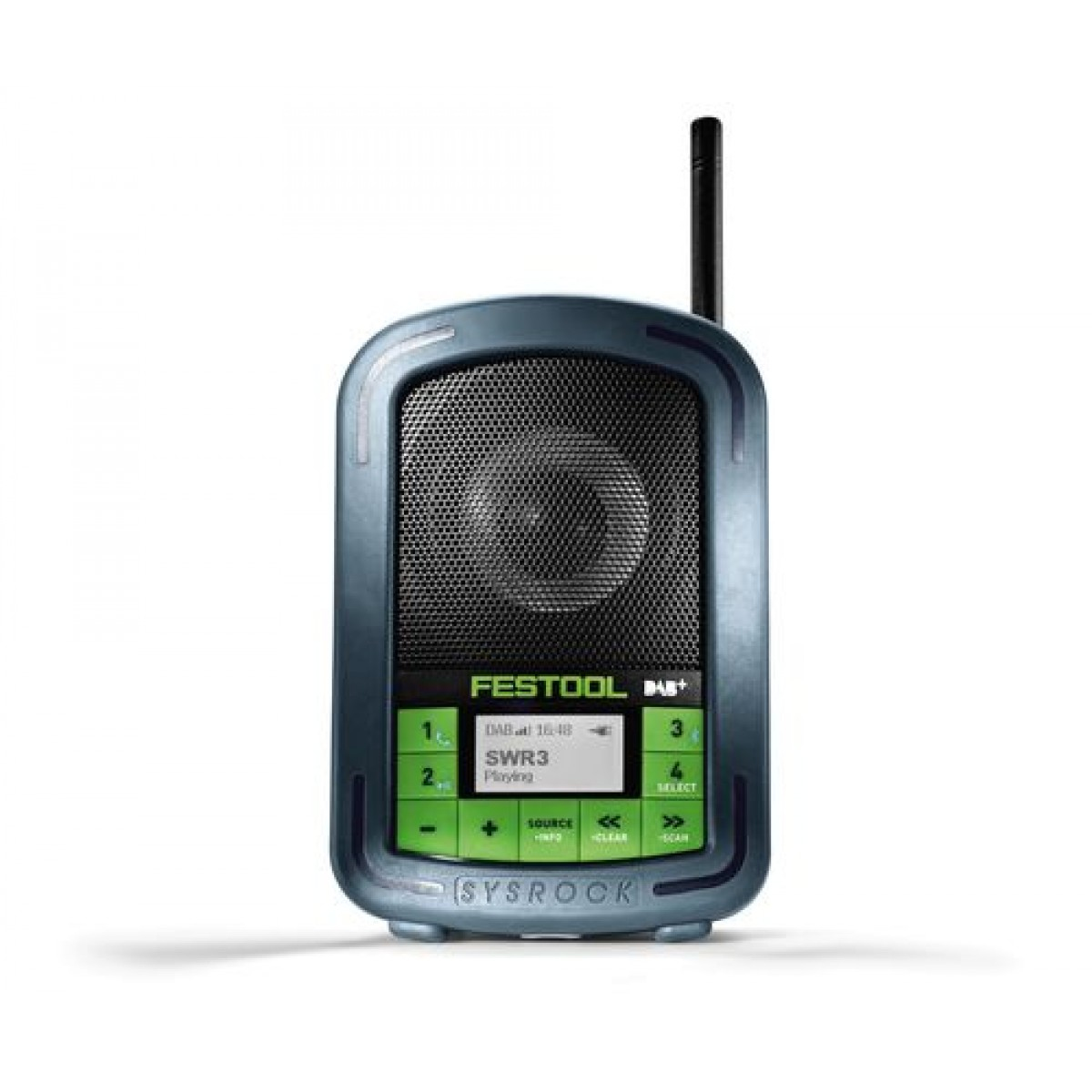 Radio Festool Sysrock DAB con custodia blu, dettagli verdi e antenna.