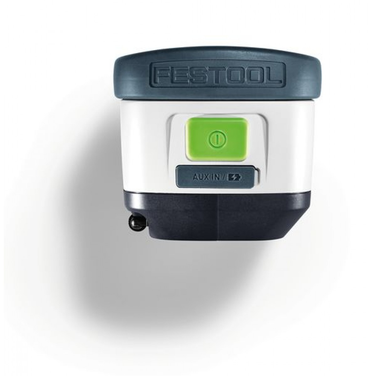 Luce Festool, bianca con parte superiore grigio scuro e pulsante verde.