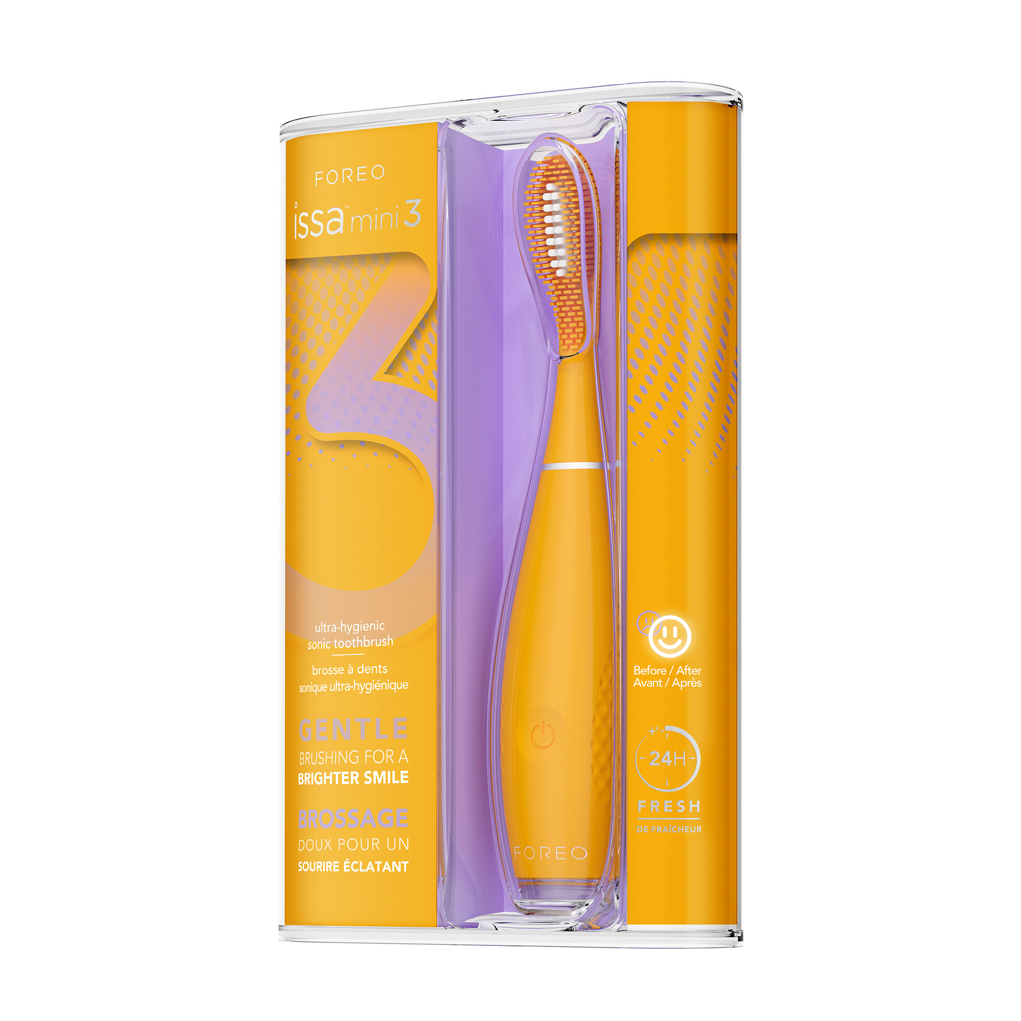Cepillo de dientes Foreo naranja en embalaje. El embalaje tiene el nombre y la marca.