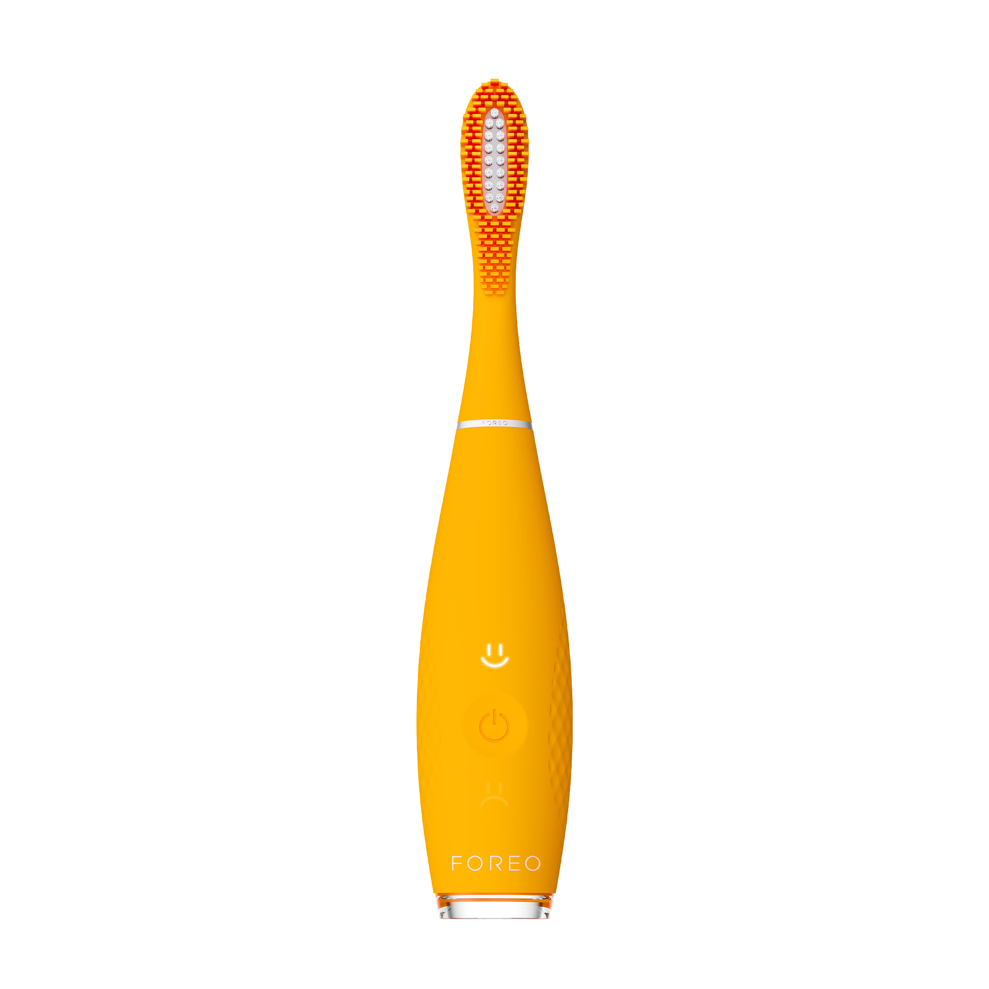 Cepillo de dientes Foreo amarillo. Tiene un cabezal naranja. Fondo blanco.