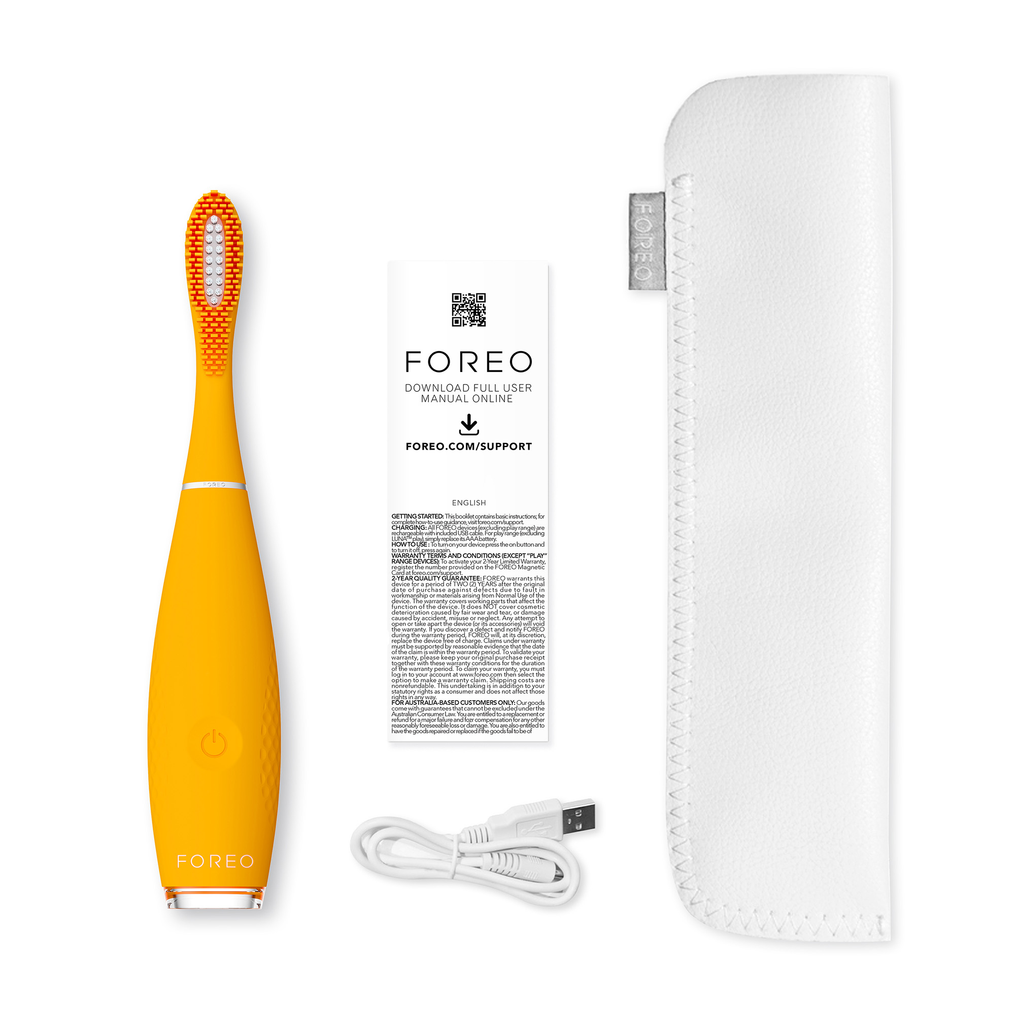 Cepillo de dientes Foreo amarillo, manual y estuche blanco. Fondo blanco.