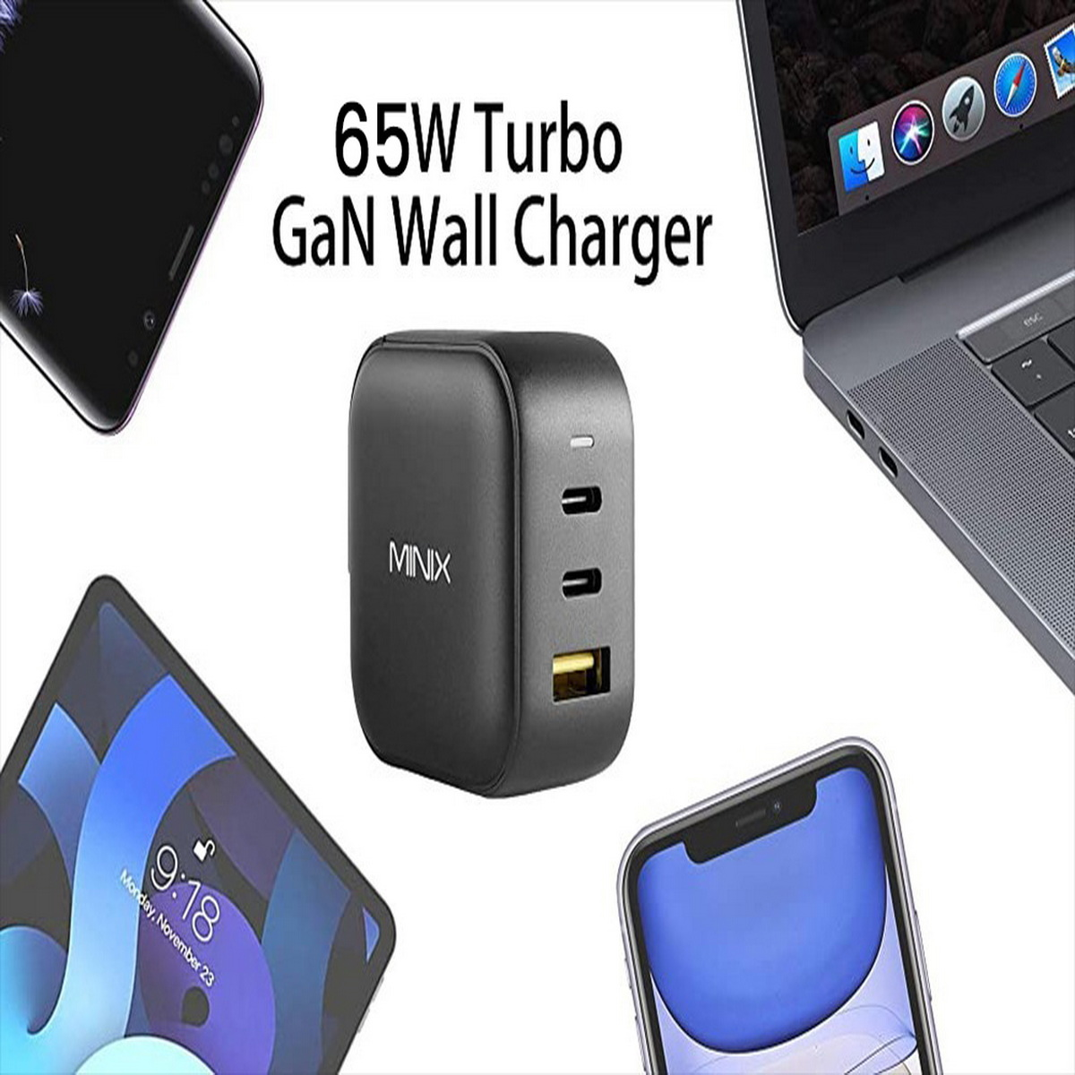 Un caricatore da parete MINIX GaN nero con più porte USB e telefoni.