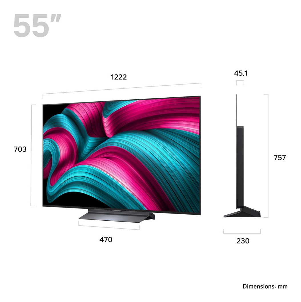 Ein Fernseher mit Abmessungen, schwarzem Rahmen und türkis-pinkem Display.