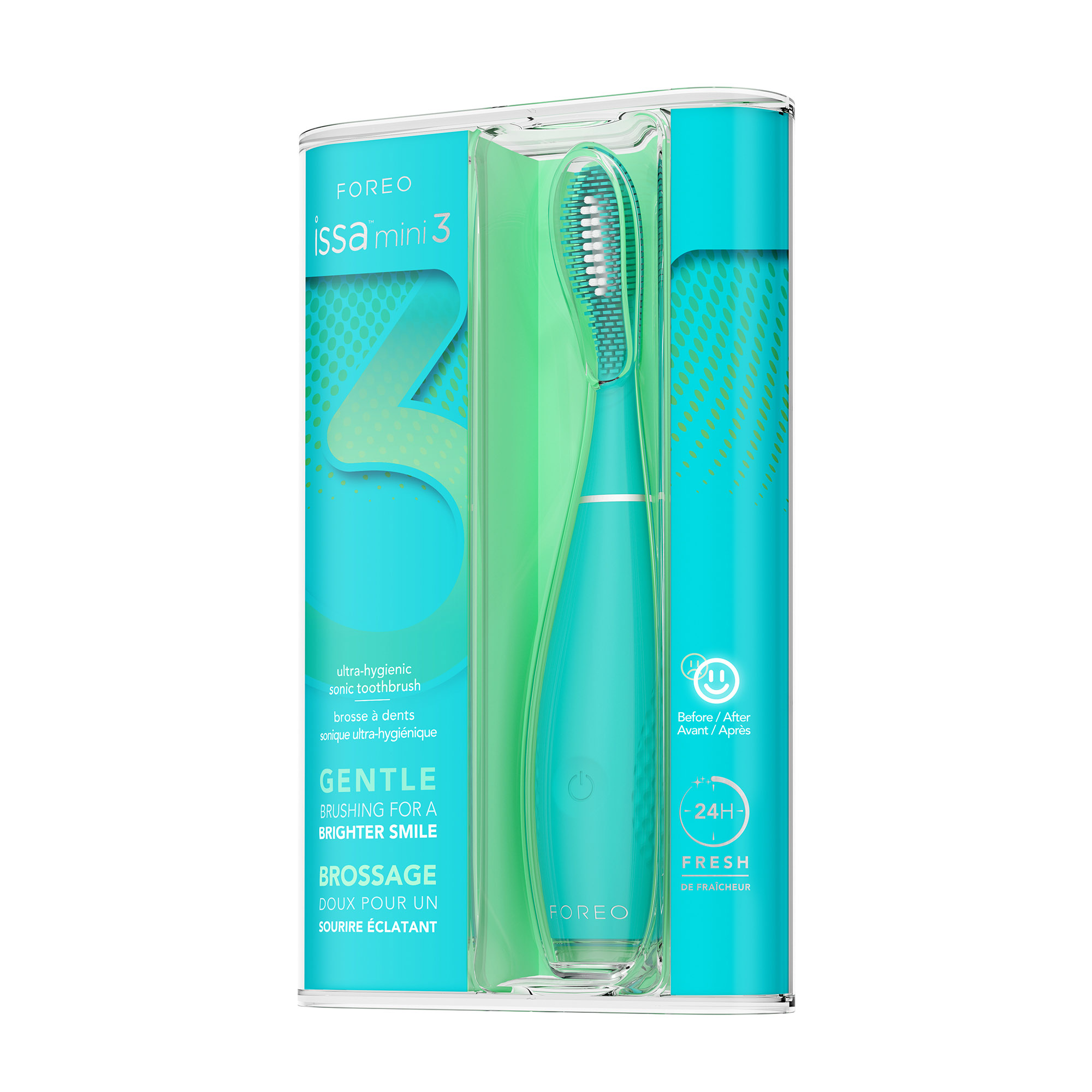 Cepillo de dientes Foreo Issa mini 3 en un paquete transparente con texto.