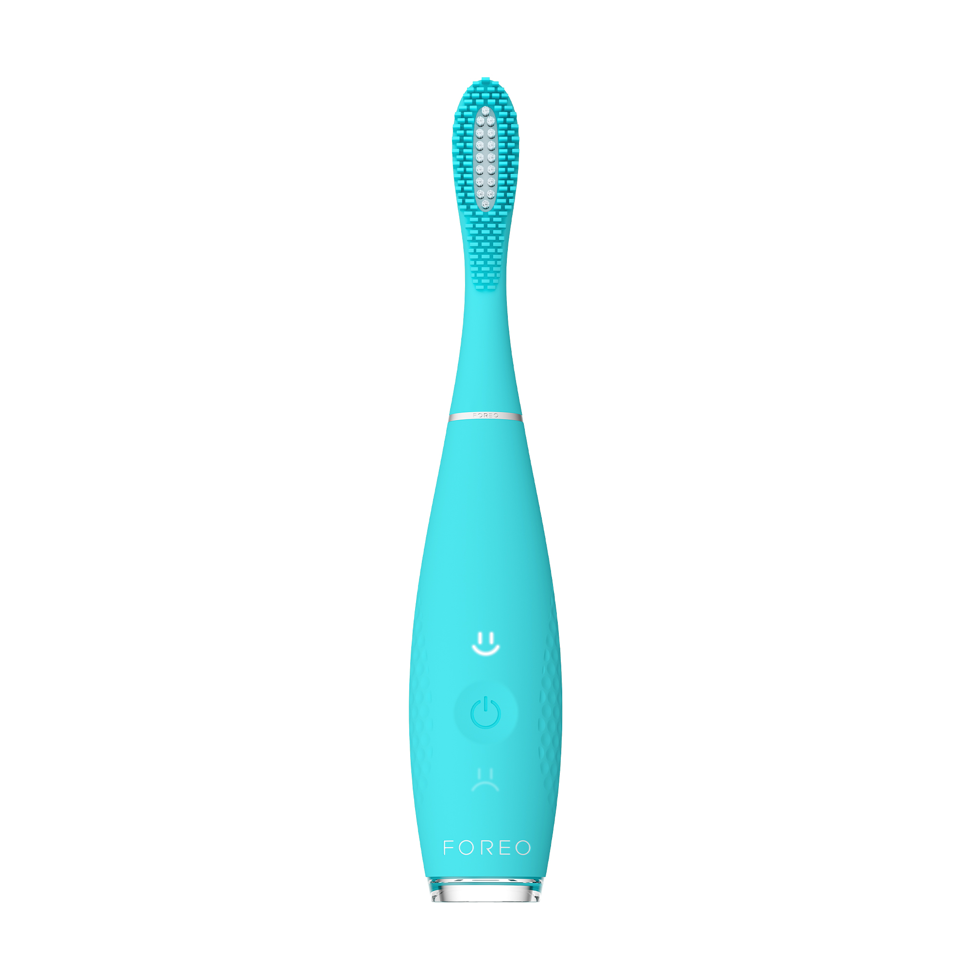 Un cepillo de dientes eléctrico Foreo turquesa, con cara sonriente y botón.
