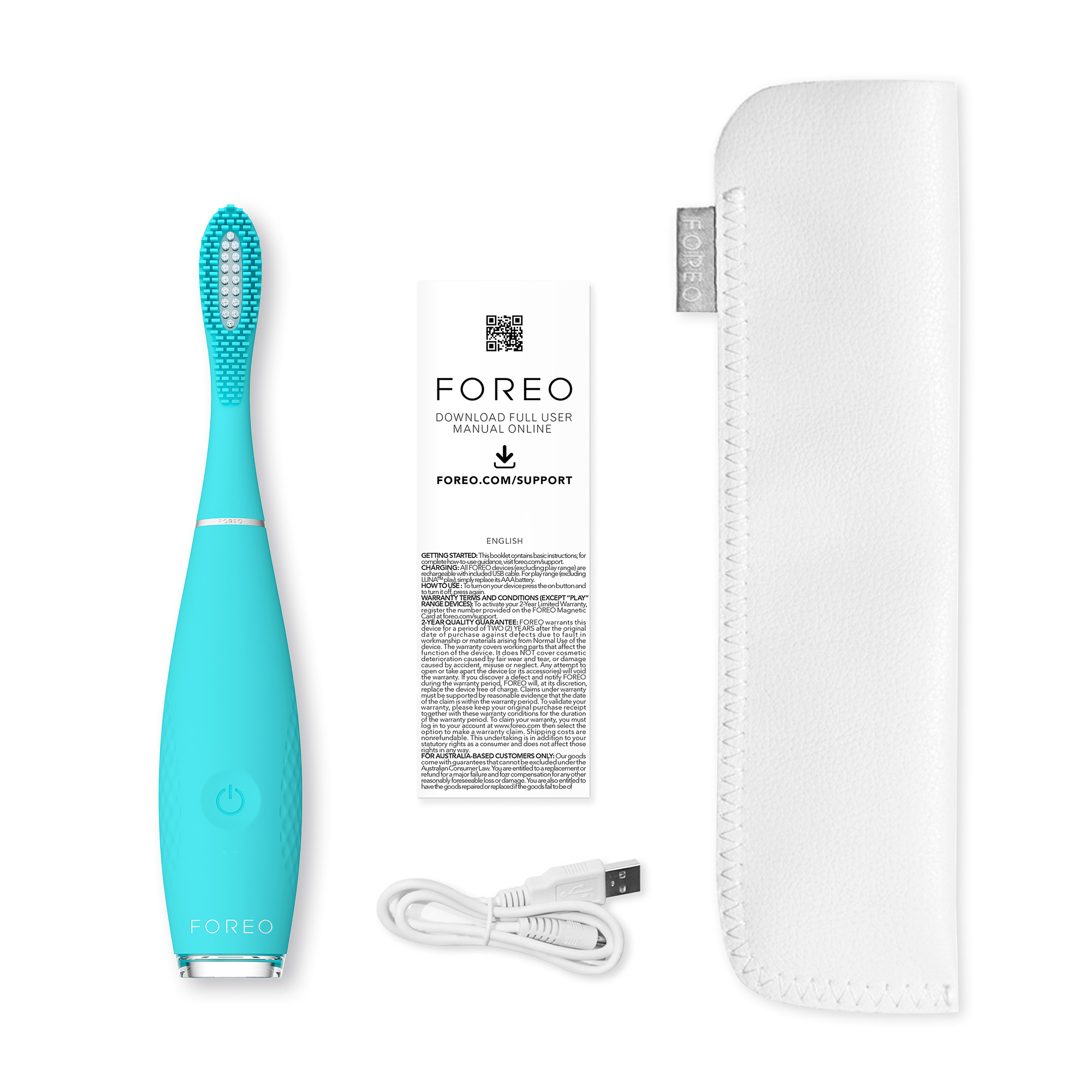 Un cepillo de dientes eléctrico Foreo turquesa, manual, estuche y cable de carga.