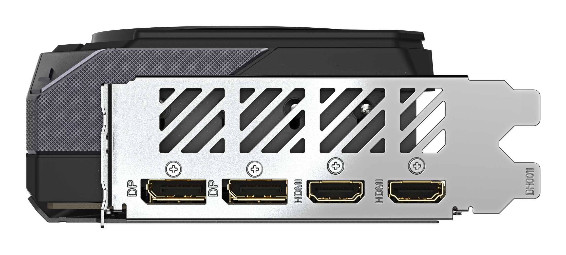 Pokazano srebrną kartę graficzną z wieloma portami.