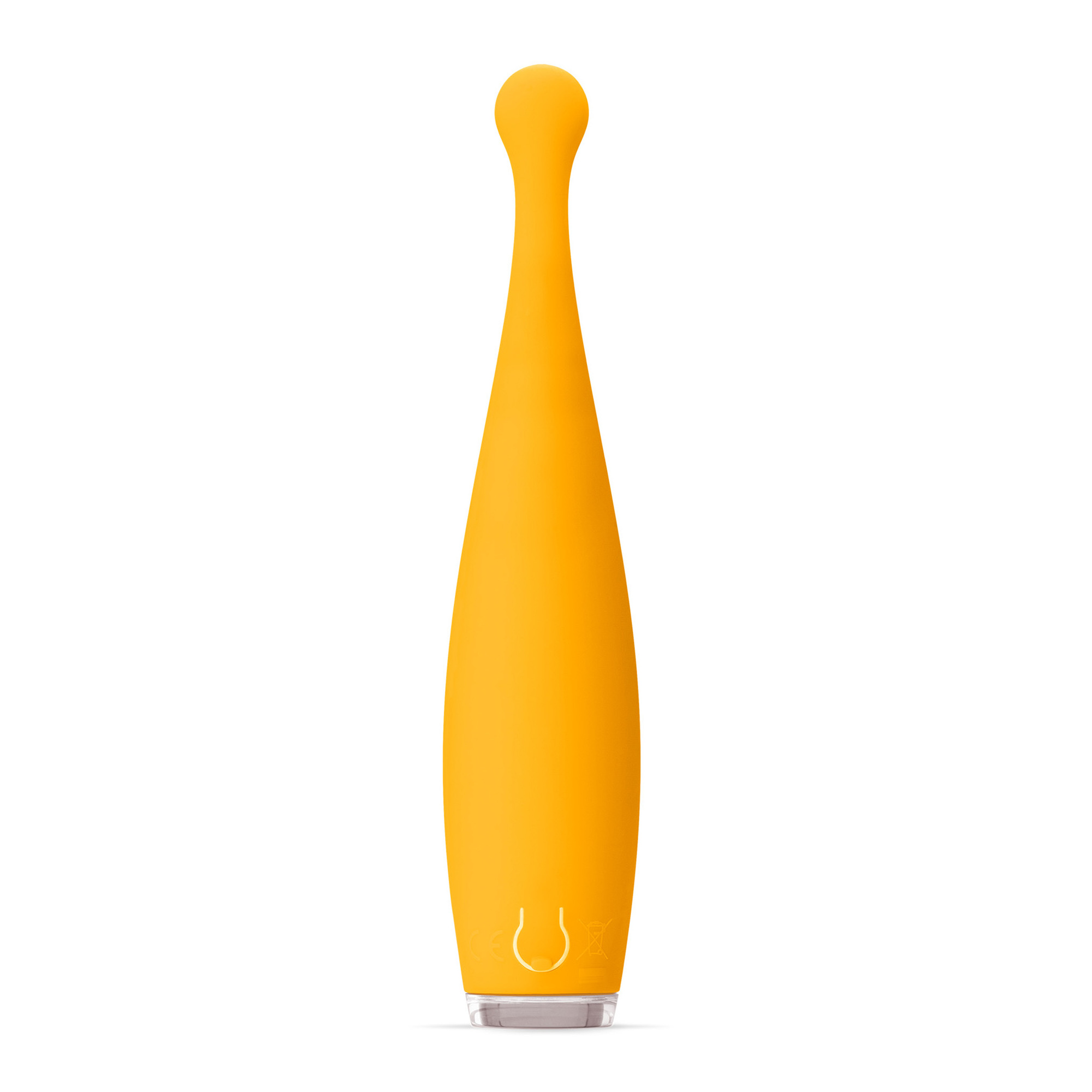 Dispositivo amarillo en forma de lágrima con base blanca. Fondo blanco.