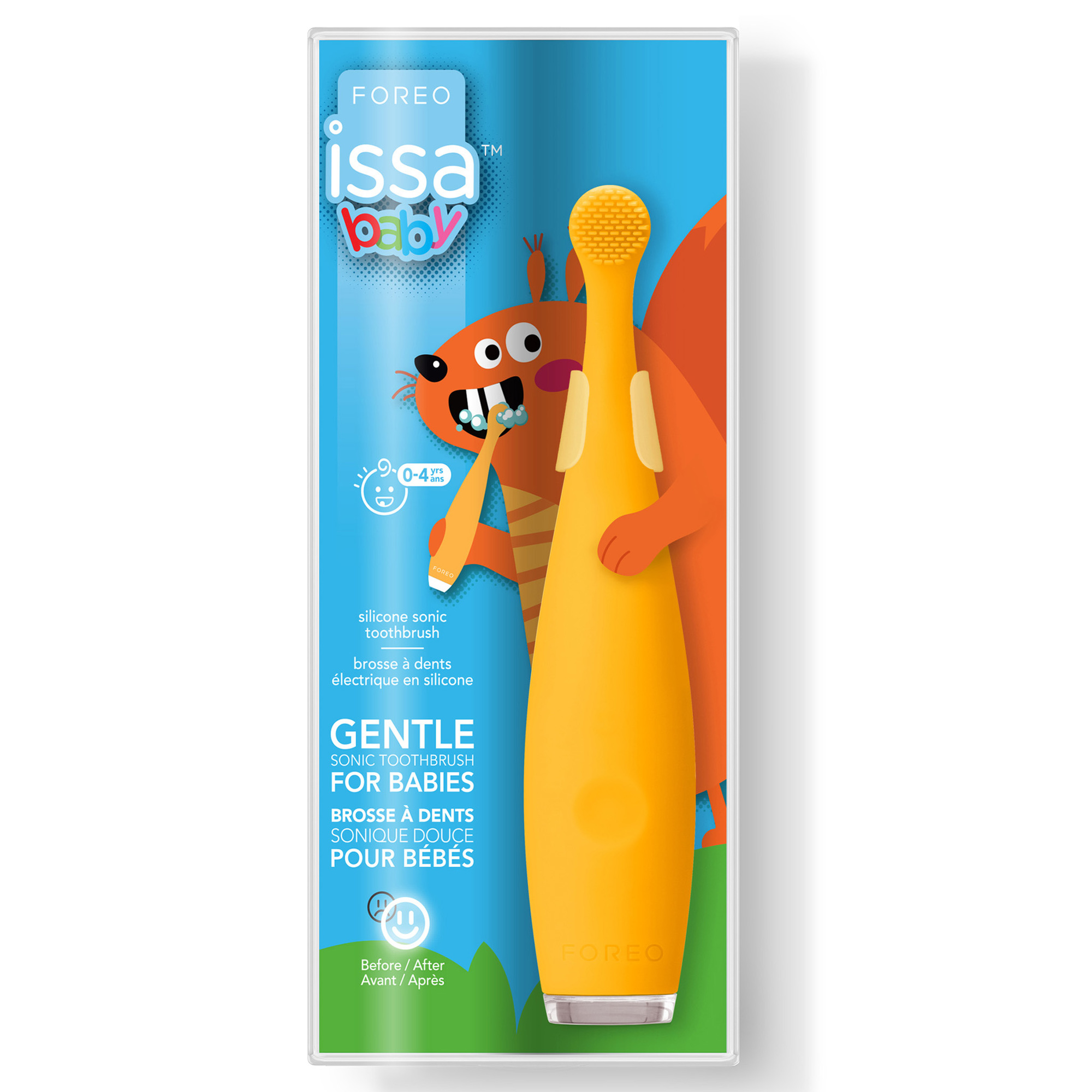 Cepillo de dientes amarillo para bebés con una ardilla de dibujos animados y texto en un paquete.