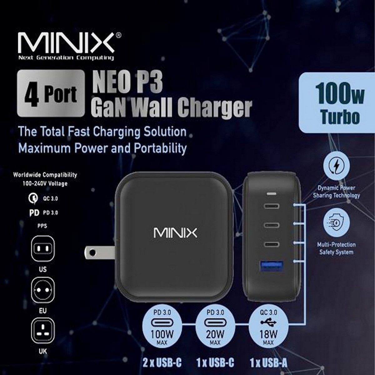 Un caricatore da muro MINIX GaN nero e grigio, con 4 porte, etichettato 100W Turbo e varie prese.