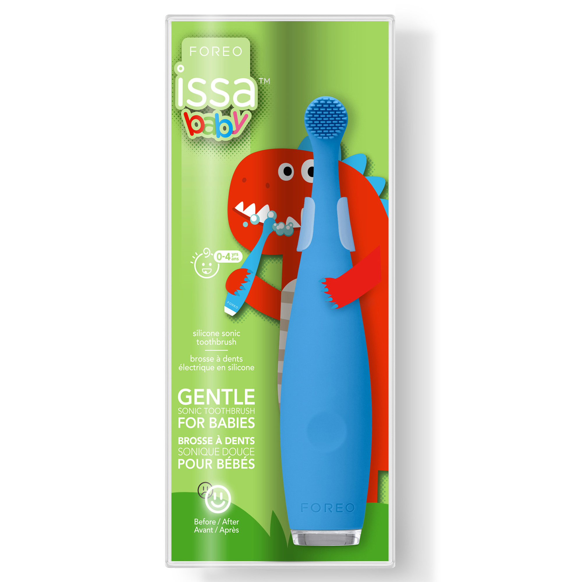 Cepillo de dientes azul para bebés con embalaje. Muestra una ilustración de dinosaurio rojo y texto.