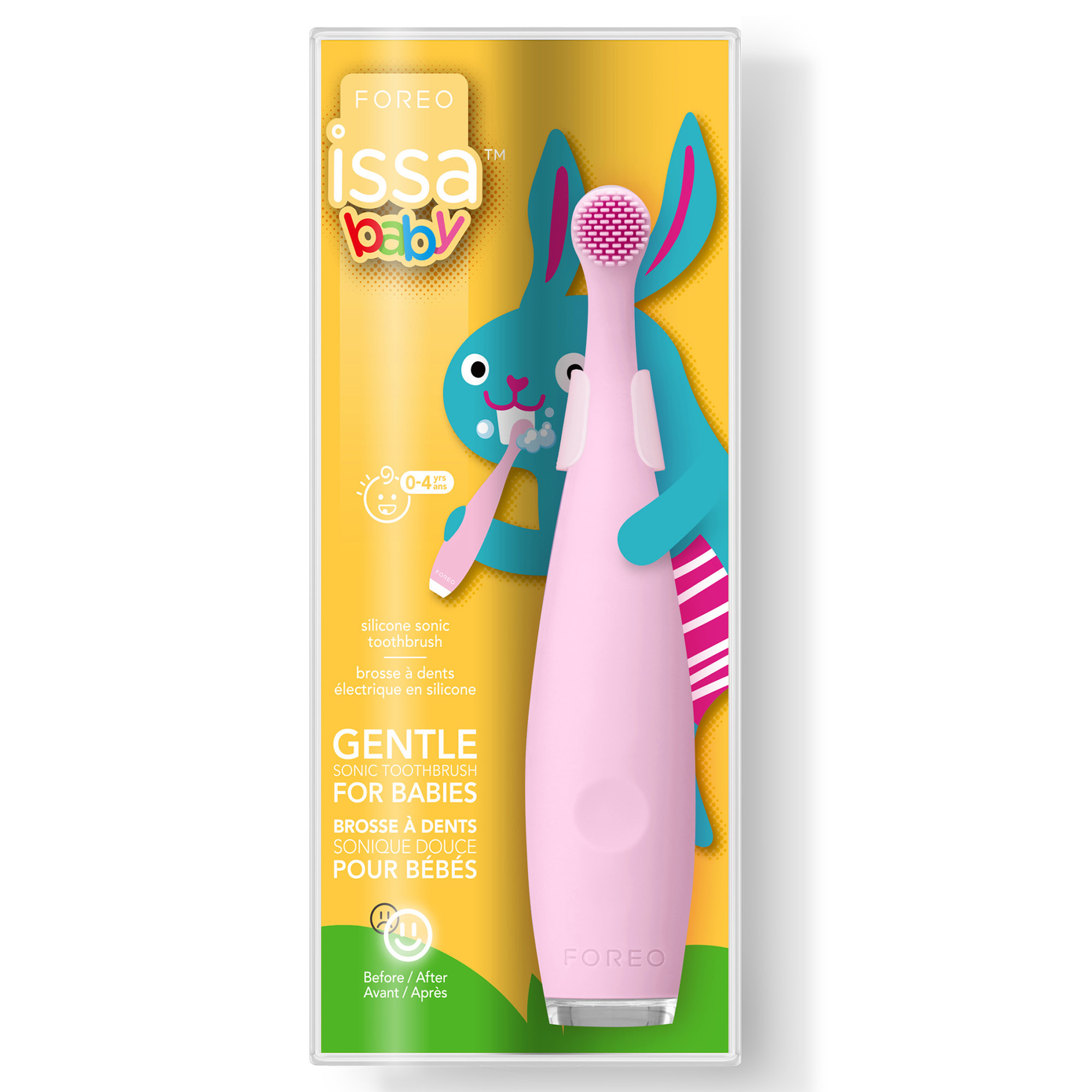 Cepillo de dientes rosa para bebés en paquete con un conejito azul. Tiene un cabezal rosa.