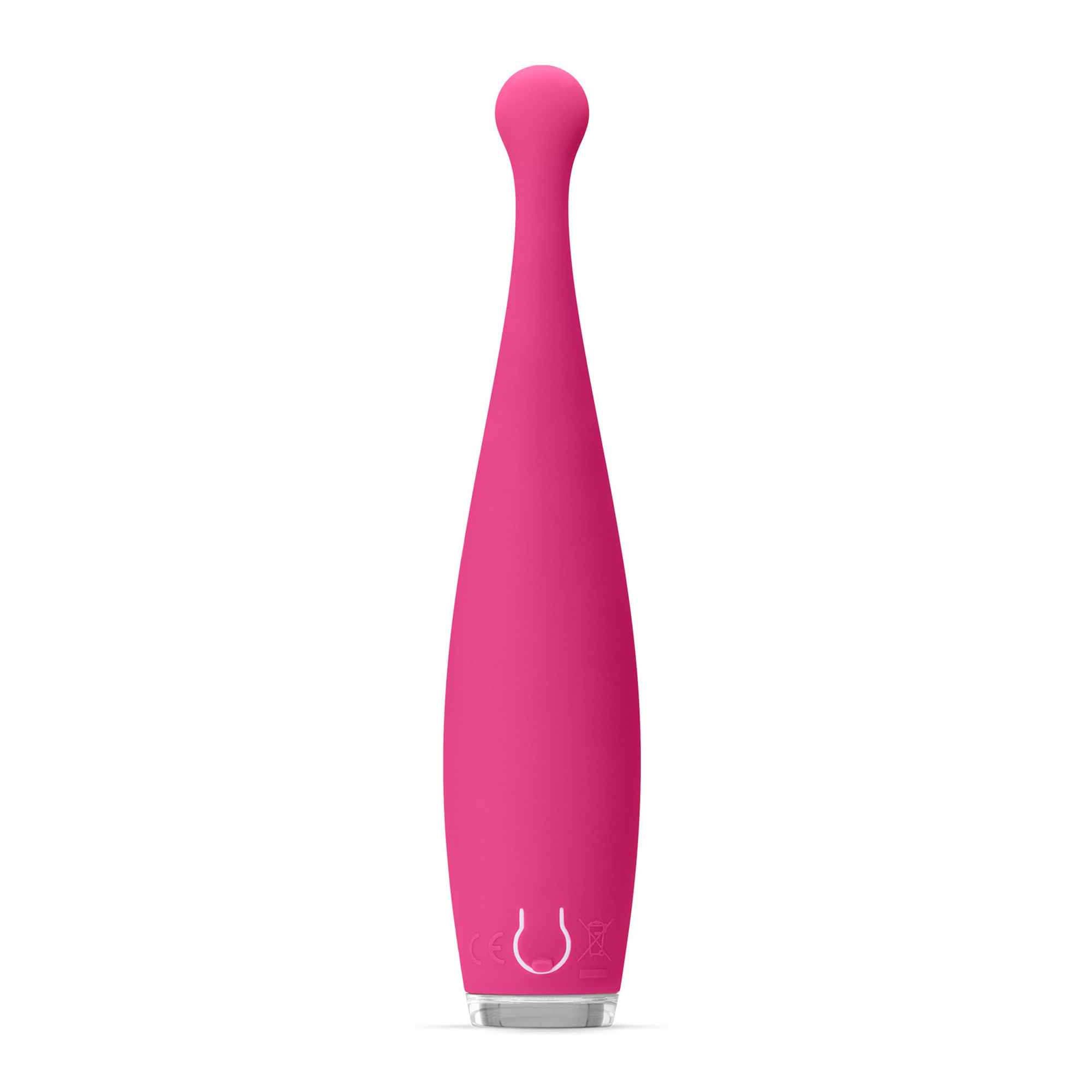 Vibrador rosa sobre fondo blanco. La parte inferior es transparente y la superior redondeada.