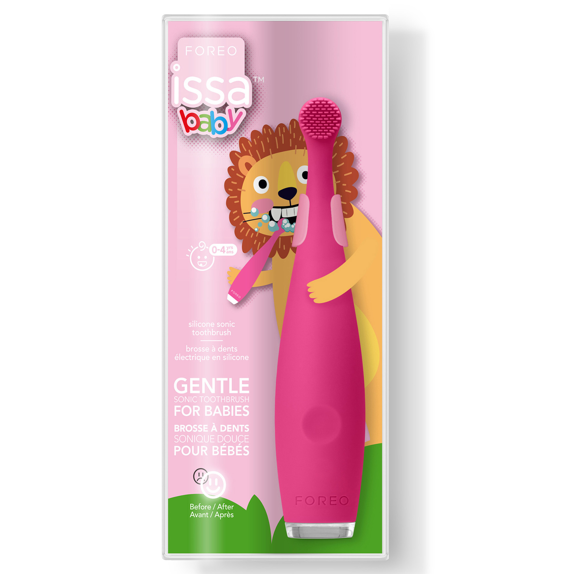 Cepillo de dientes rosa para bebés con embalaje. Muestra una ilustración de león y texto.