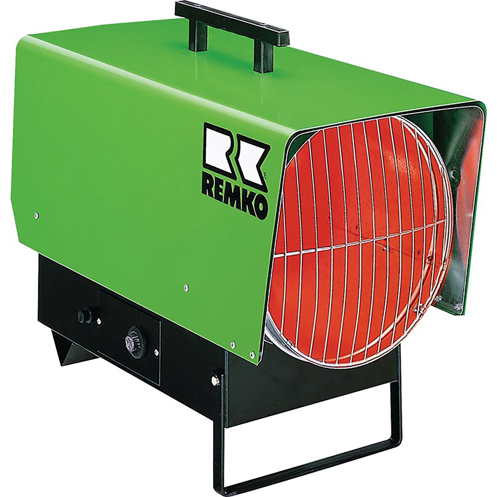 Ein grüner und schwarzer Remko-Heizstrahler mit rotem Grill und Griff.