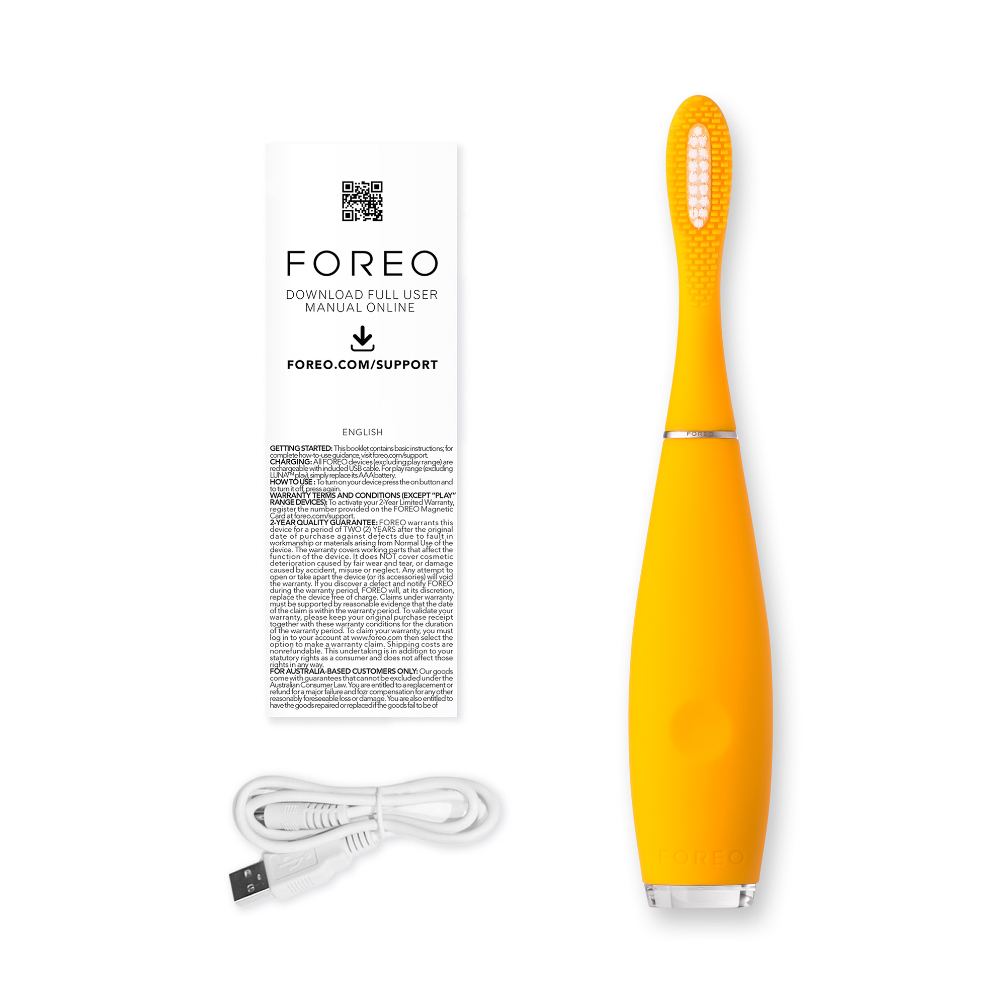 Sarı Foreo diş fırçası ve kılavuz. Beyaz kablo ve şarj cihazı.
