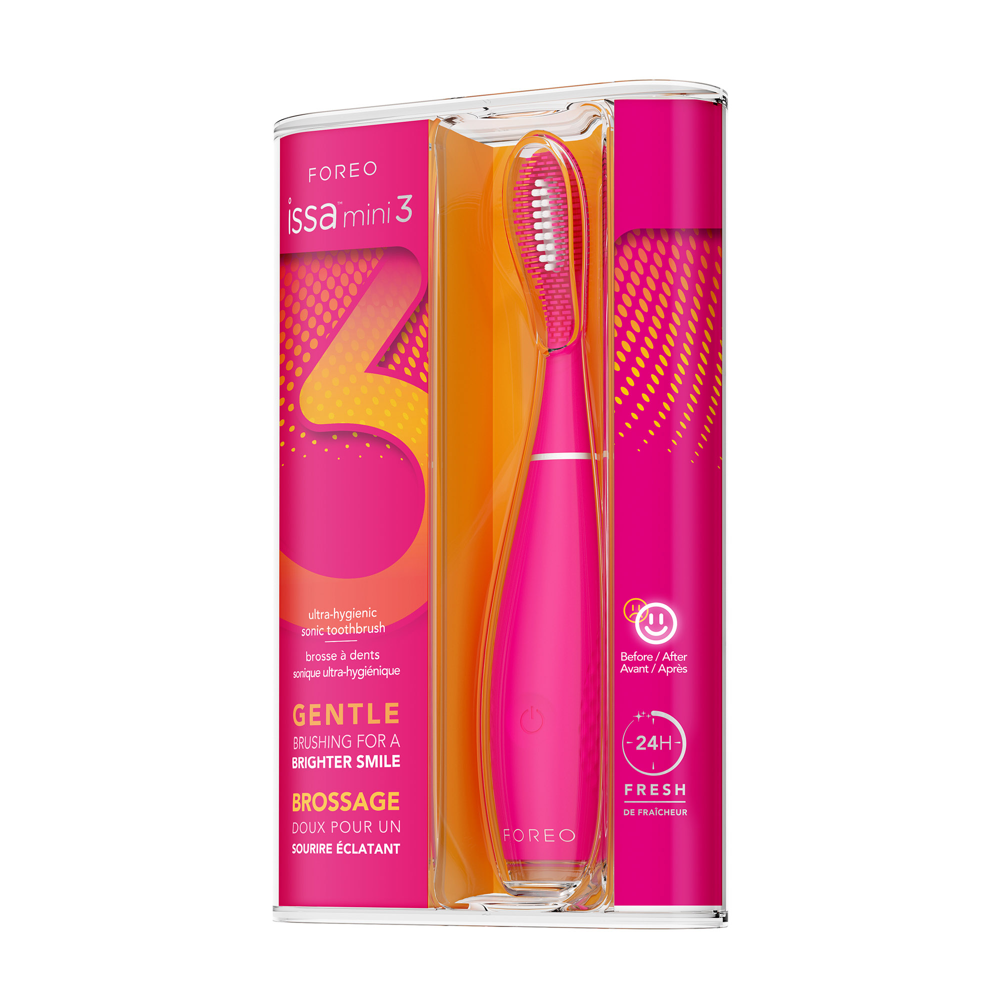Un cepillo de dientes rosa en un paquete. El paquete incluye el cepillo en una caja naranja.