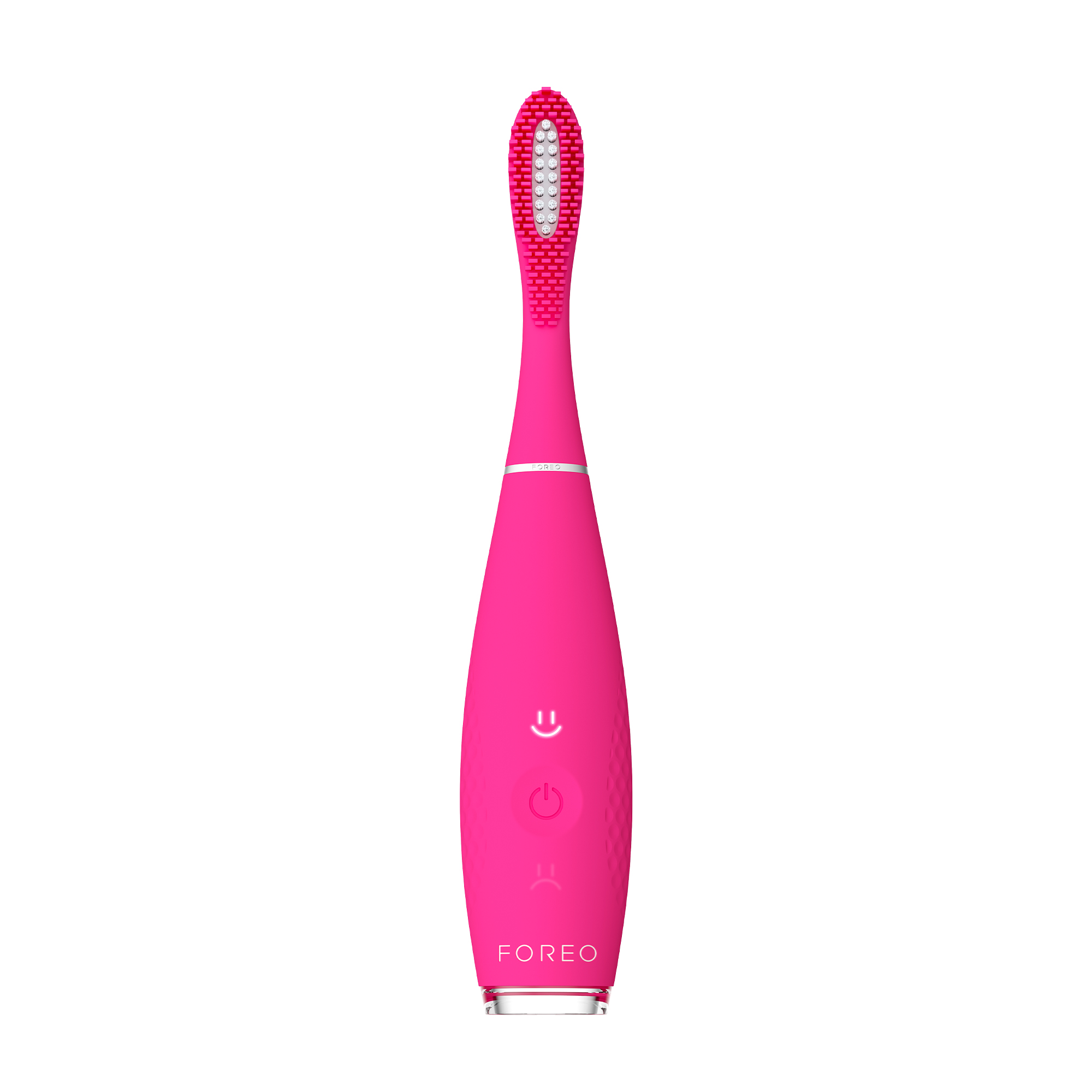 Un cepillo de dientes rosa aislado sobre blanco. Tiene mango largo con botones y cabezal redondeado.
