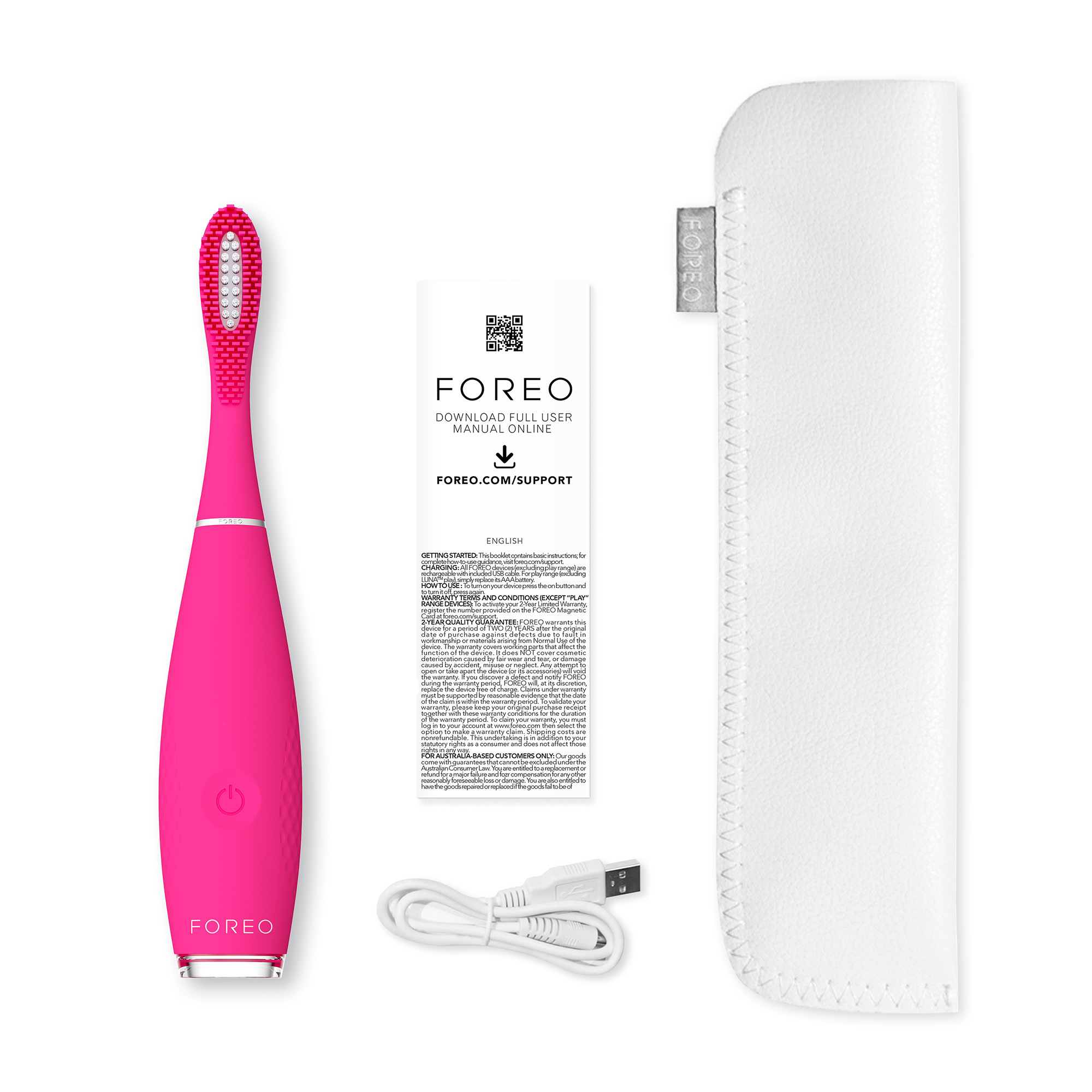 Cepillo de dientes Foreo rosa, manual, funda blanca y cable.