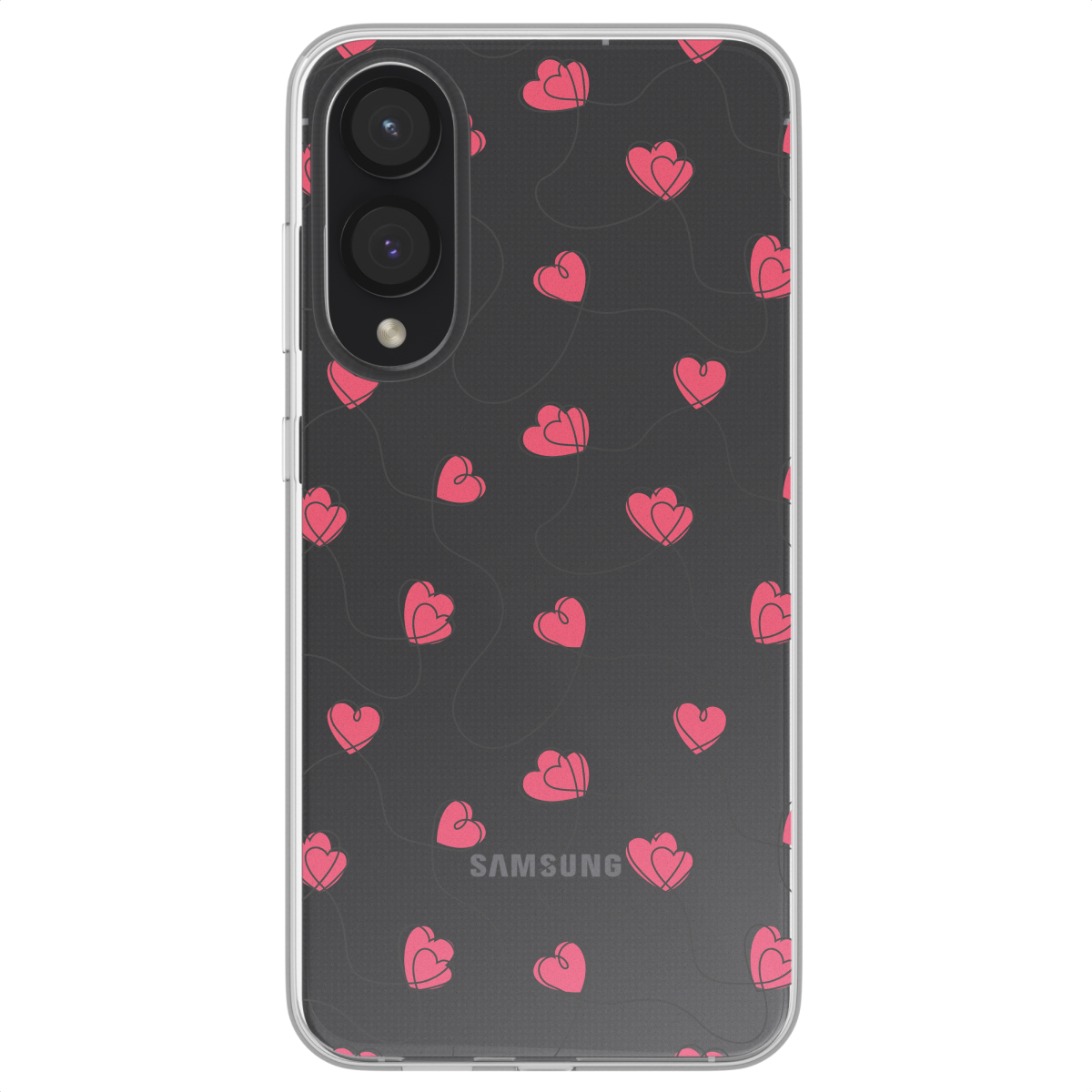 Transparante telefoonhoes met roze hartenpatroon. Zwarte achtergrond, harten met dunne zwarte lijnen.