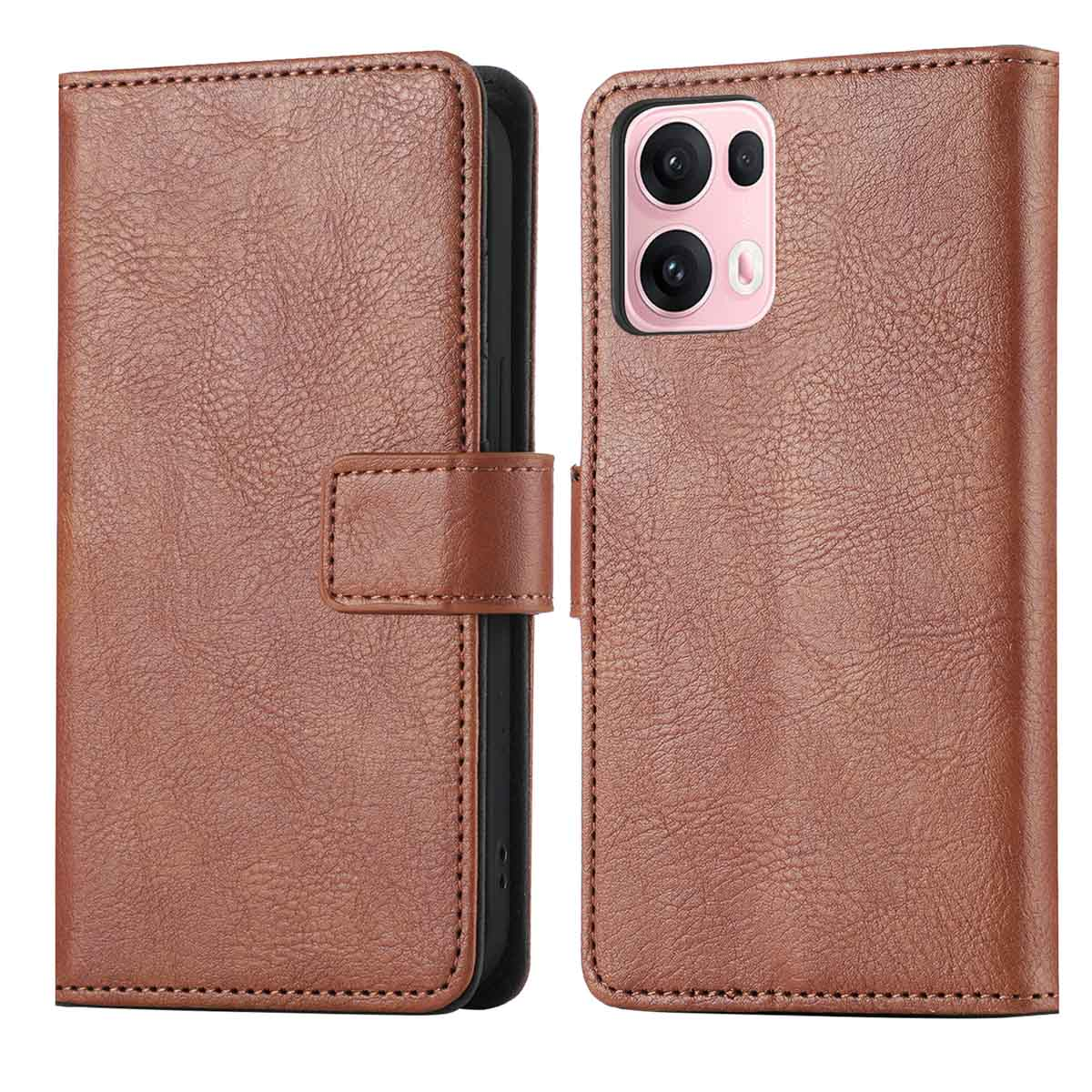 Étui de téléphone en cuir marron, déplié. Téléphone et caméra visibles. Surface texturée.