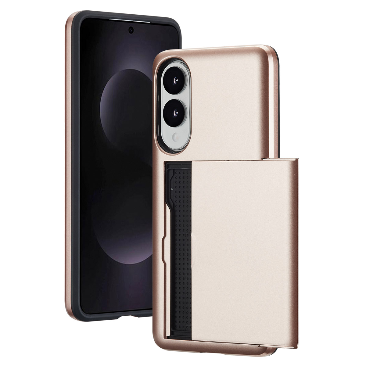 Telefoon in gouden hoes, kaartzak zichtbaar. Zwart telefoonscherm. Kaartzak is open.