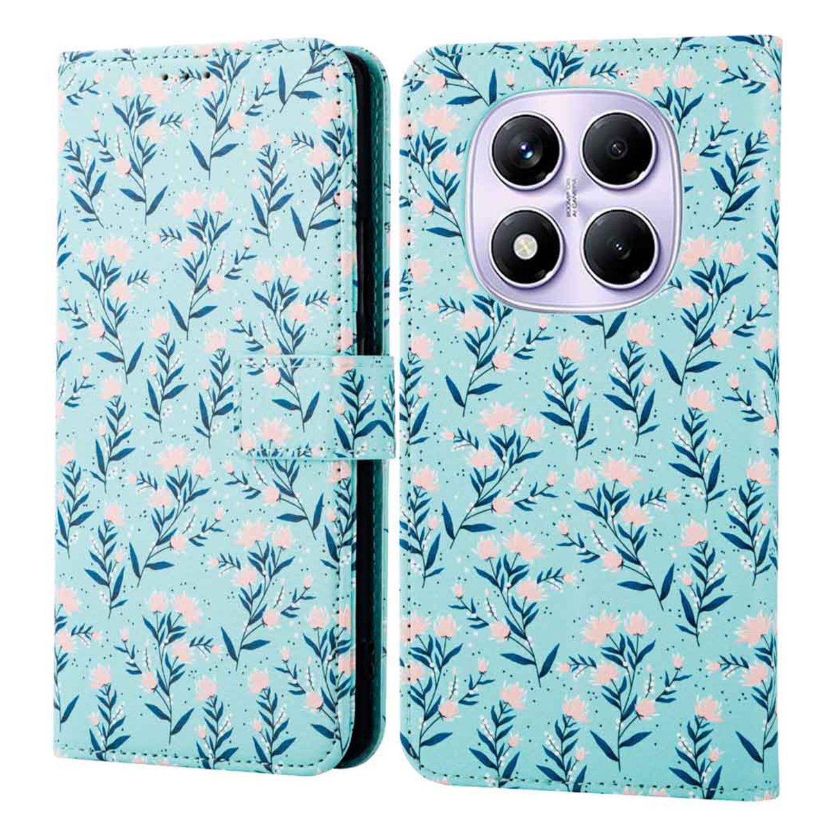 Telefoonhoes open, bloemenpatroon op turquoise achtergrond. Roze bloemen en groene bladeren.