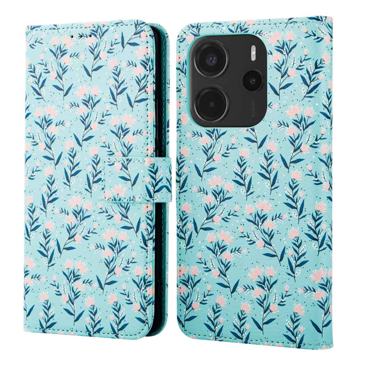Custodia per telefono, turchese con fiori e foglie rosa. Aperta, rivela il telefono e la fotocamera.