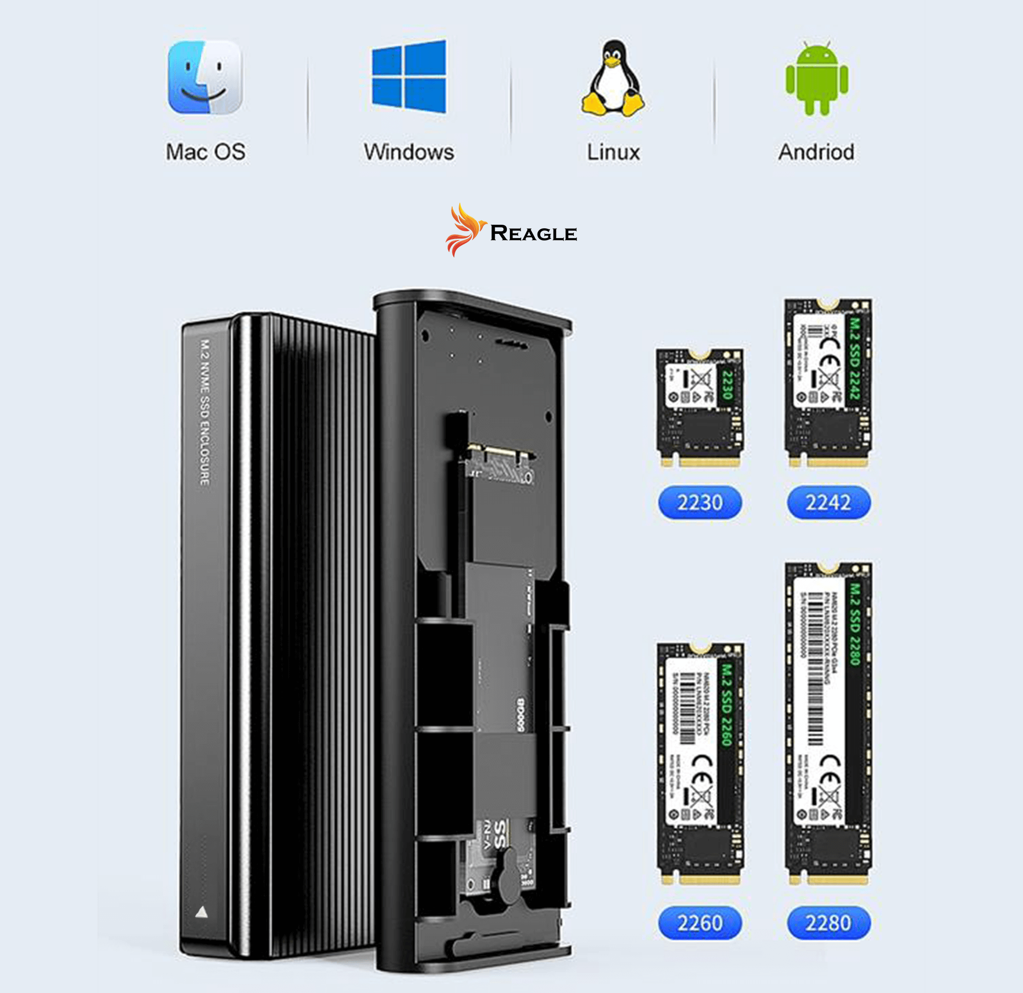 Obudowa M.2 NVMe SSD i kilka kart M.2 SSD. Wyświetlane są ikony Mac OS, Windows, Linux i Android.