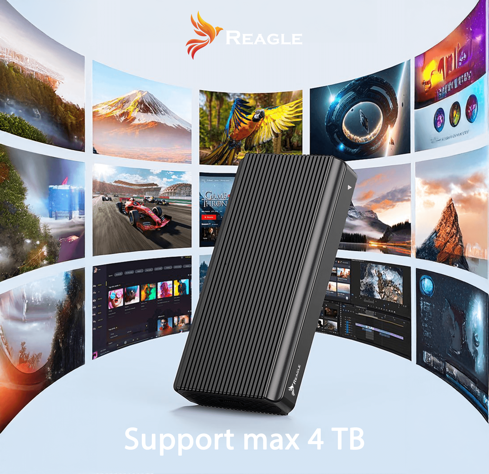 Czarny zewnętrzny dysk twardy z serią obrazów w tle różnych scen.