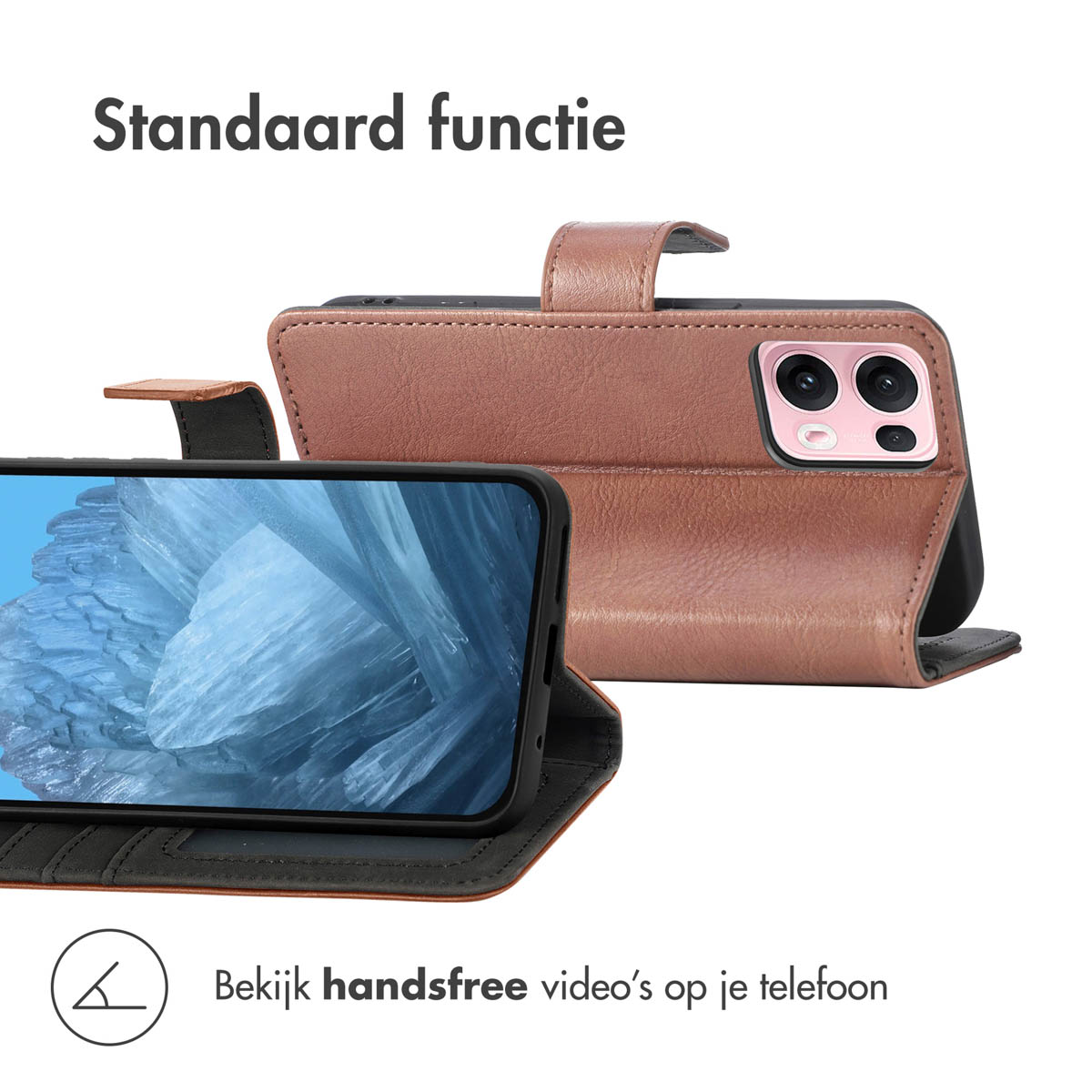 Téléphone dans un étui marron. L'écran affiche une image. L'étui s'ouvre pour se tenir debout.