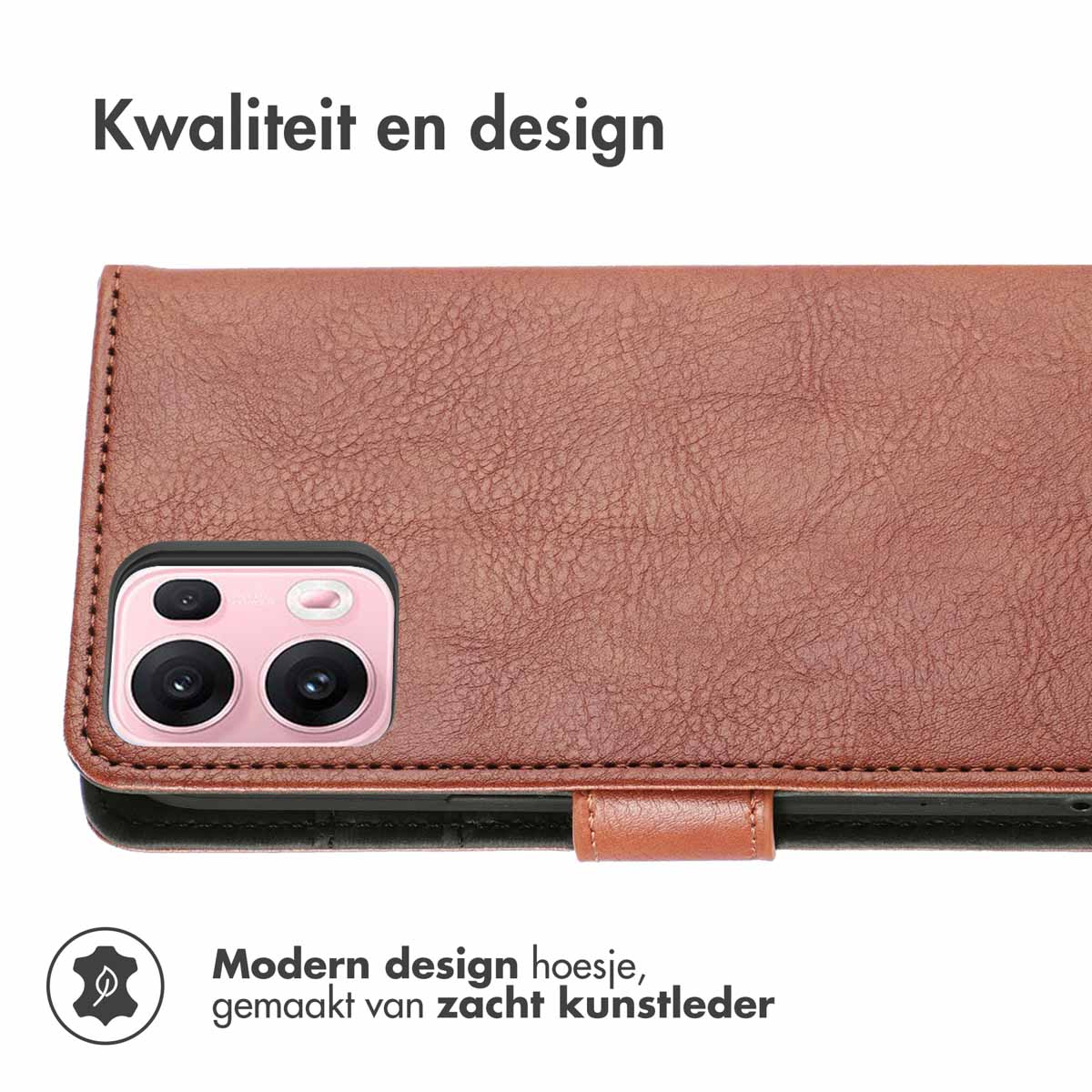 Coque de téléphone, cuir marron. Téléphone à l'intérieur, avec les caméras visibles et une texture cuir.