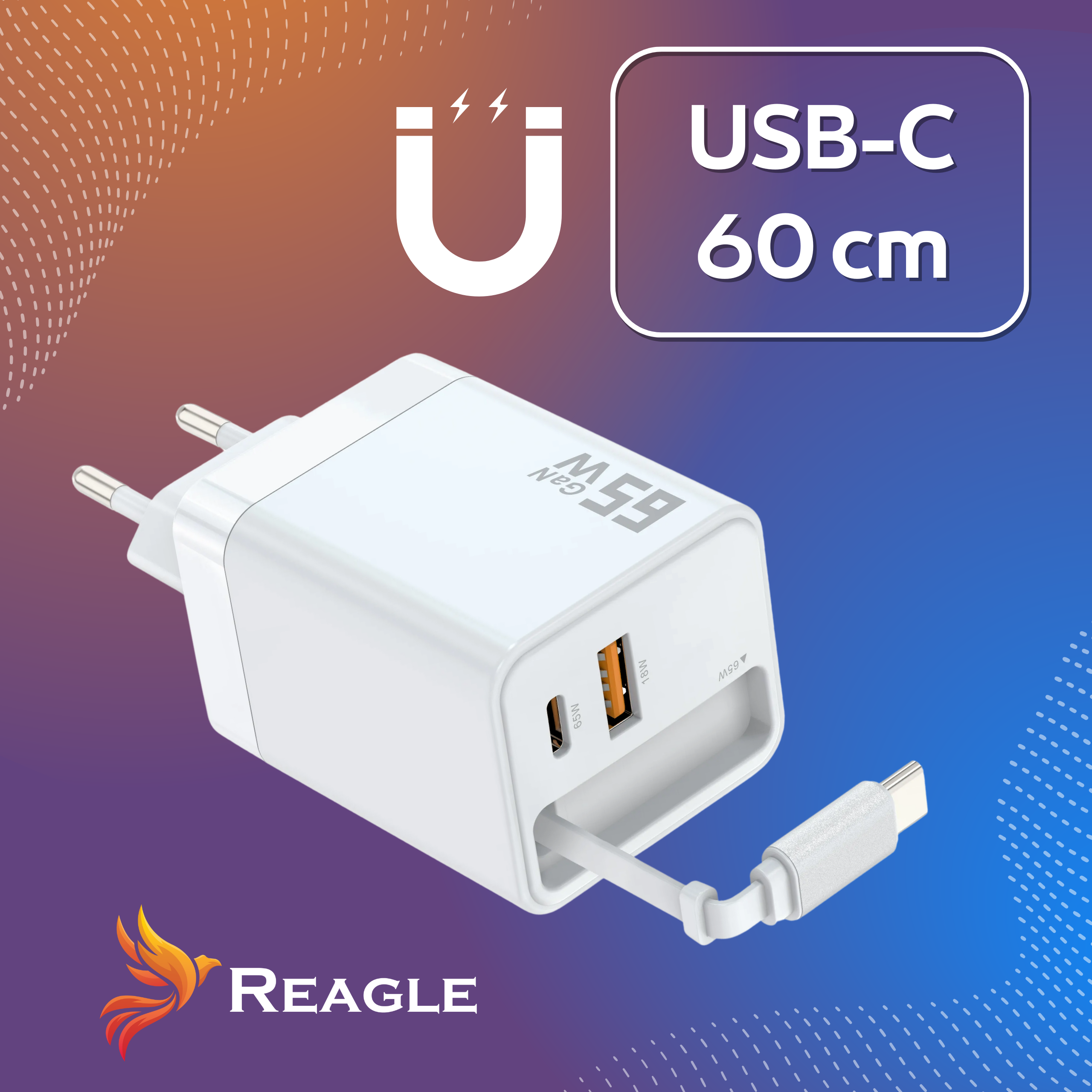 Biała i czarna ładowarka USB-C z logo błyskawicy.