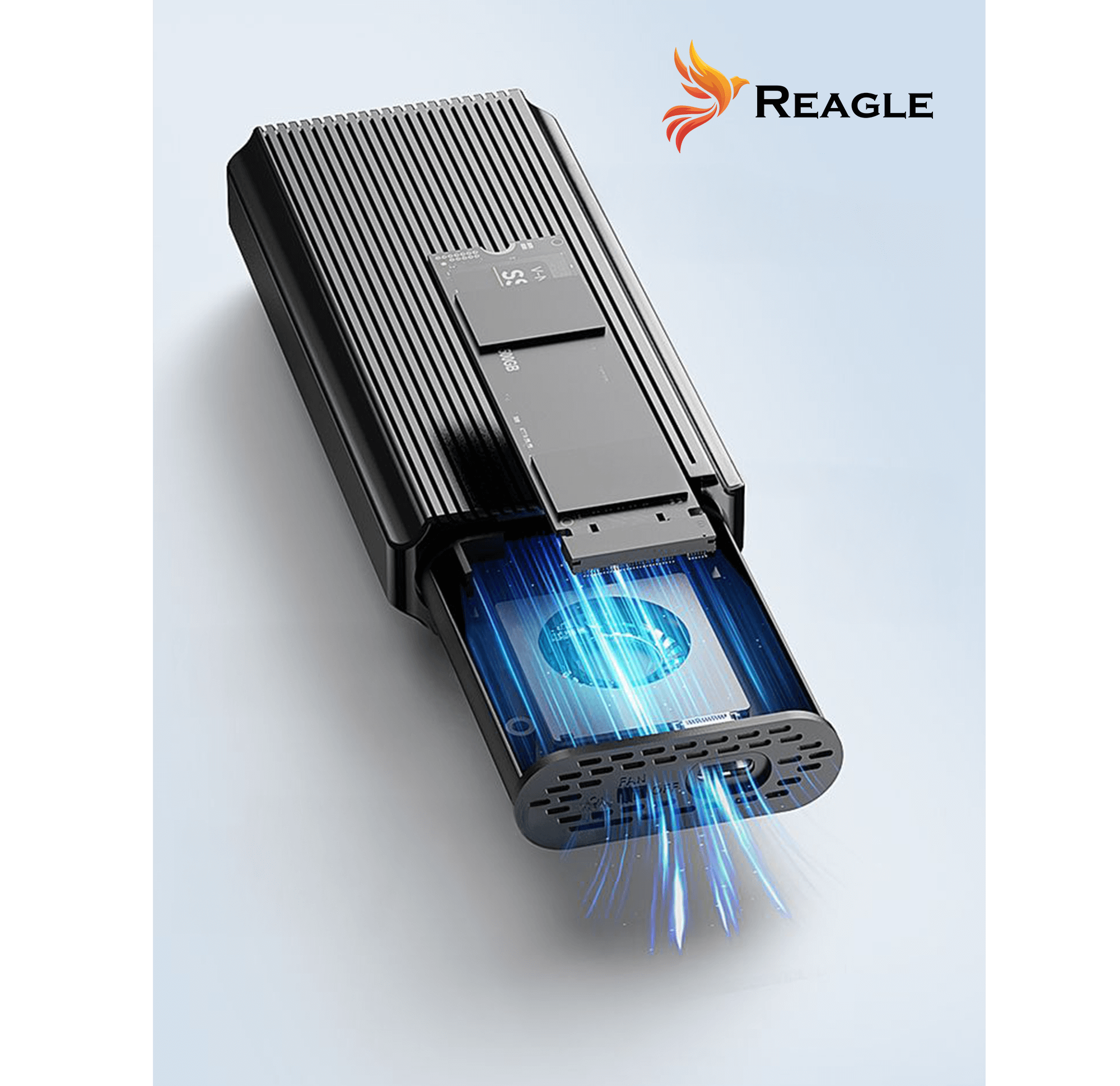 Czarne urządzenie z logo Reagle. Urządzenie jest otwarte, pokazując wnętrze z niebieskim światłem.