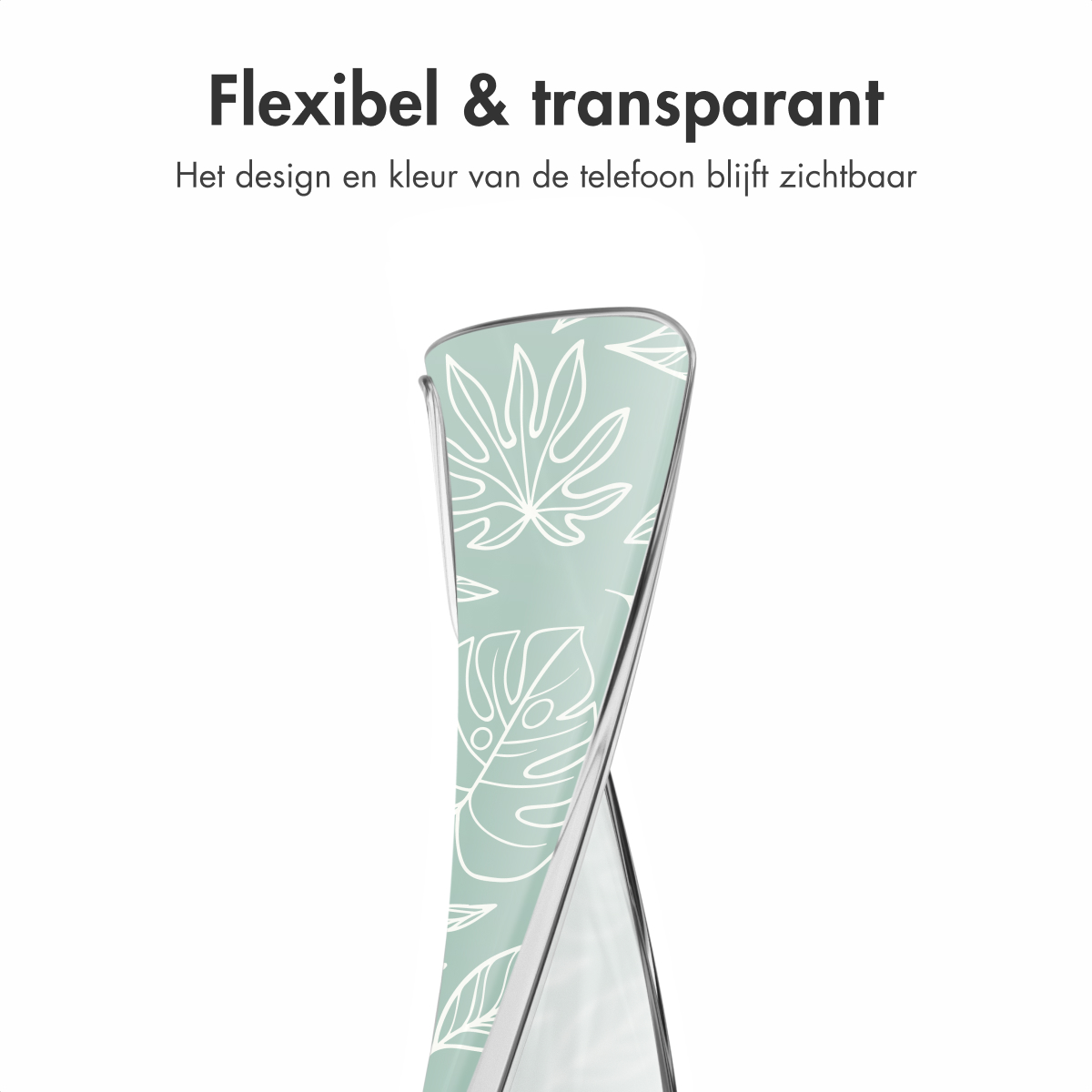 Custodia per telefono, verde chiaro con design a foglie bianche. La custodia è piegata per mostrare il design.