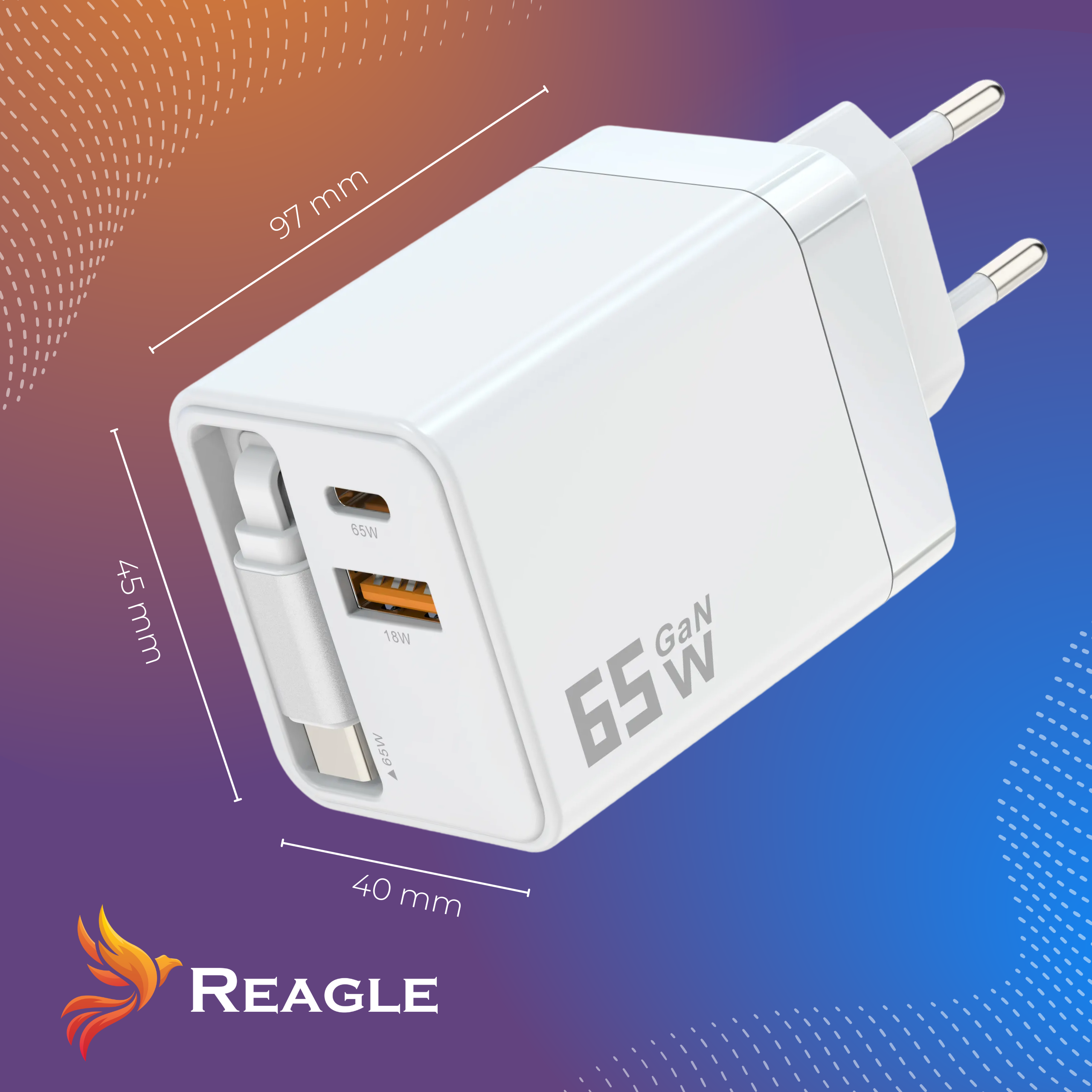 Biała ładowarka GaN z 2 portami USB, wymiarami i logo. Niebieskie tło.