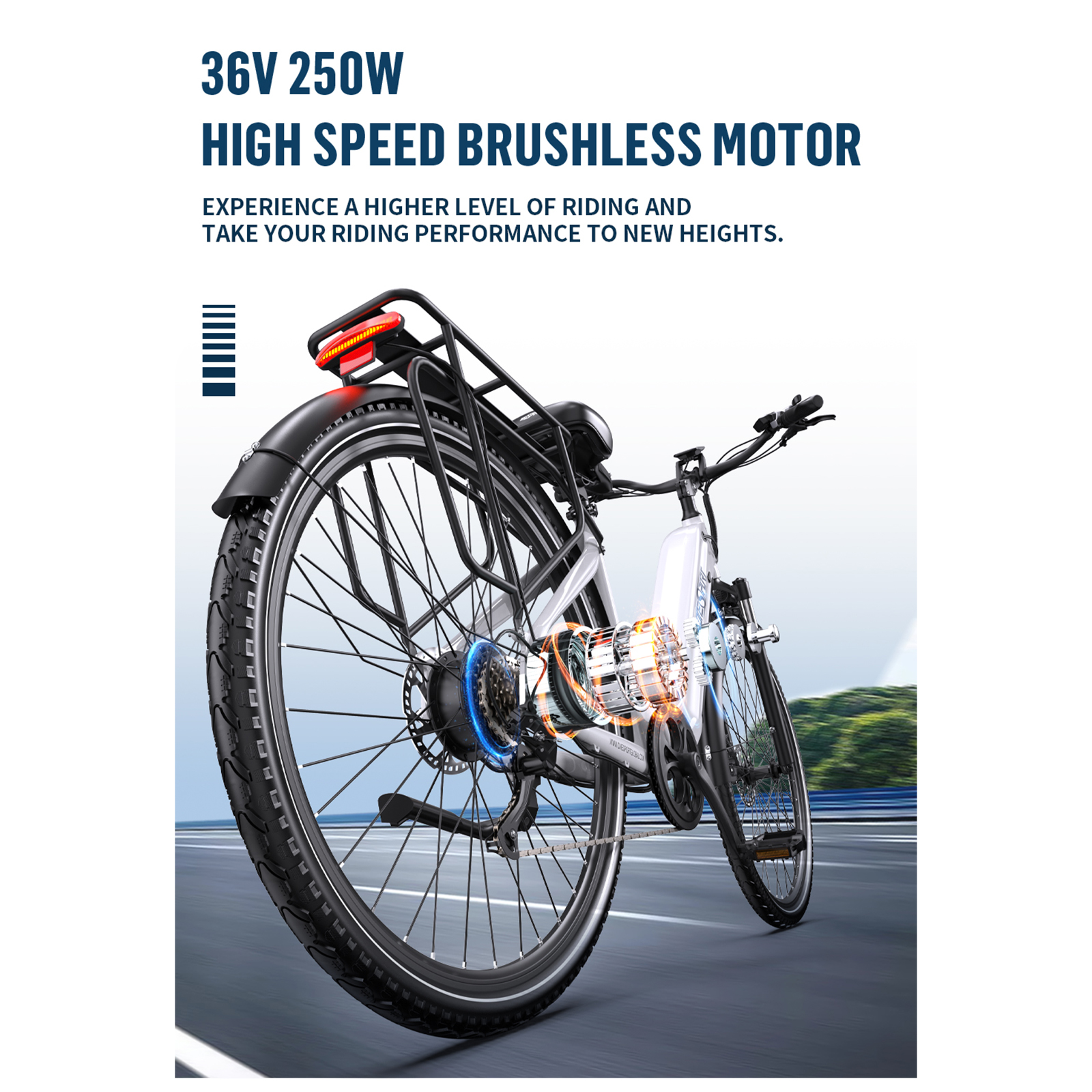 Rower elektryczny z widokiem na silnik i tylne światło.