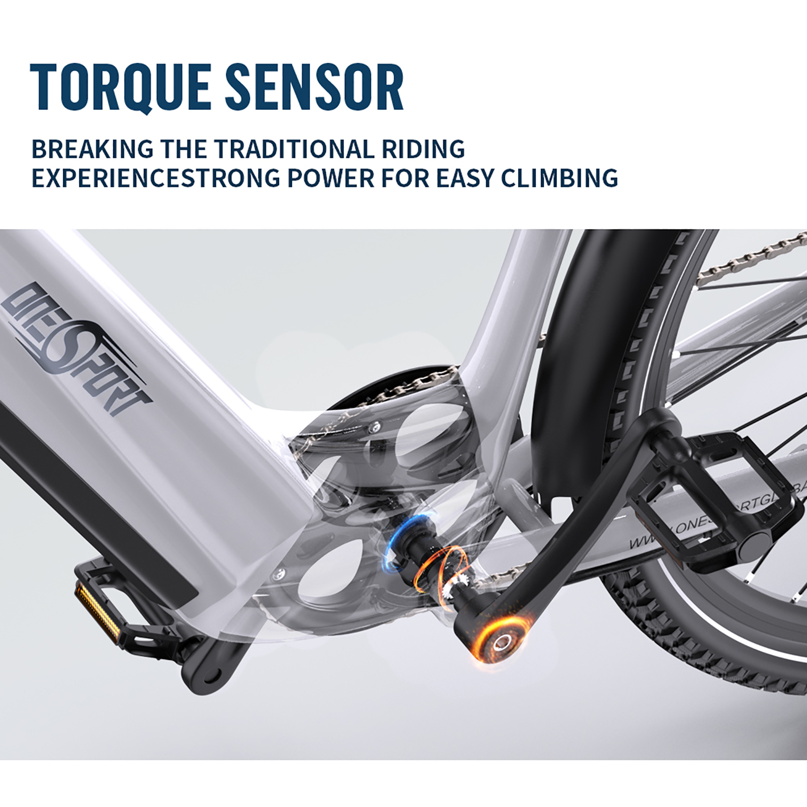 Czujnik momentu obrotowego na białym rowerze. Zbliżenie na obszar pedału z podświetlonym czujnikiem.