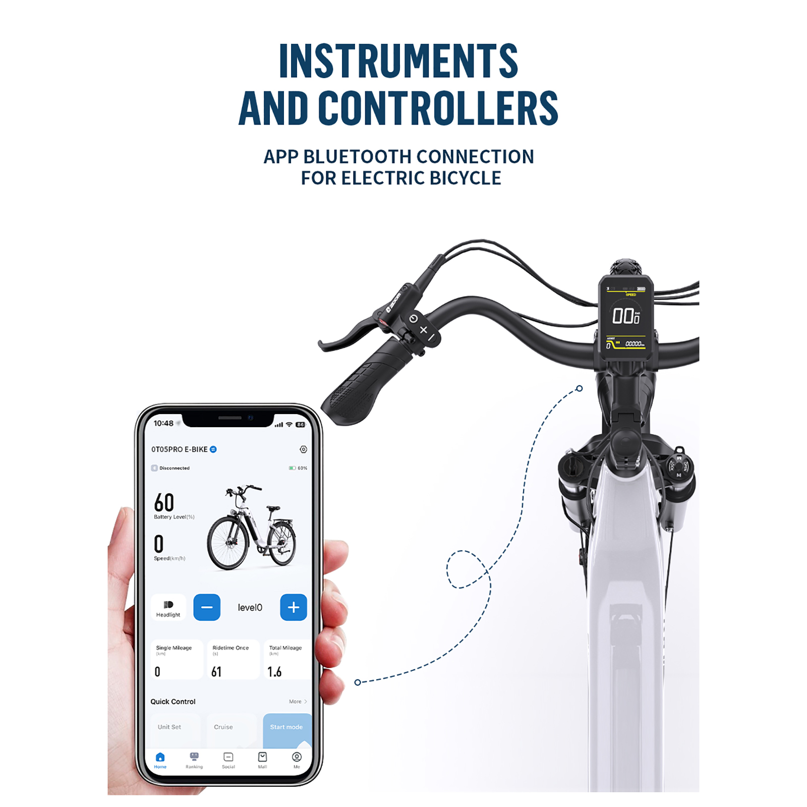 Kierownica roweru elektrycznego, wyświetlacz i telefon pokazujący kontrolki.