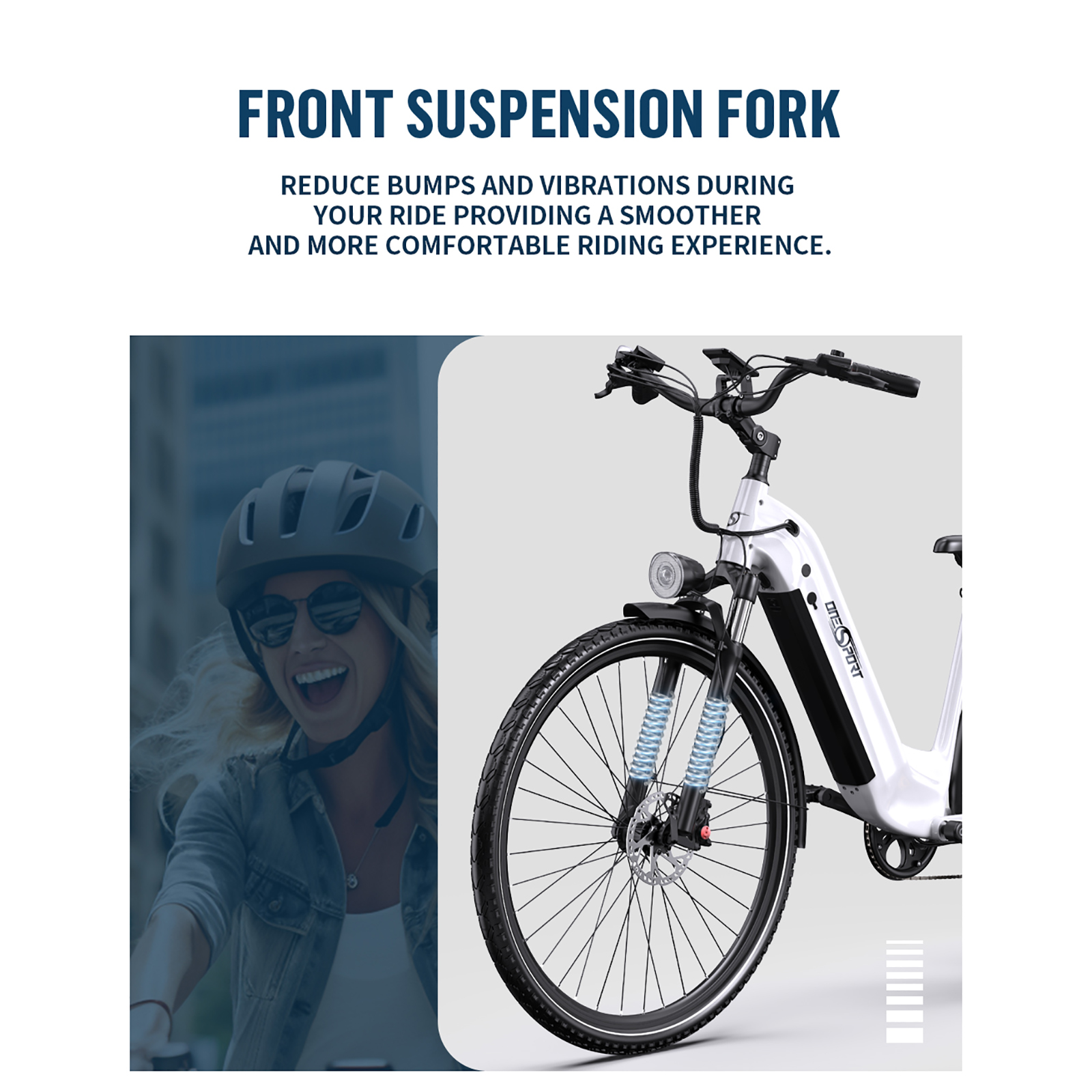 Kobieta w kasku jadąca na rowerze, pokazano szczegóły przedniego widelca.